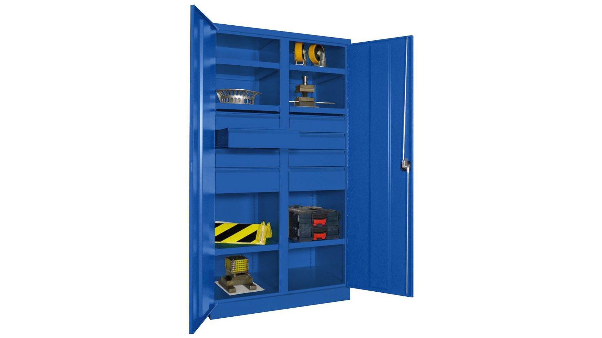 Schwerlastschrank - Vollblechtüren - Trennwand - 6 Böden - 8 Schubladen - 1.950x1.040x630 mm (HxBxT) - enzianblau