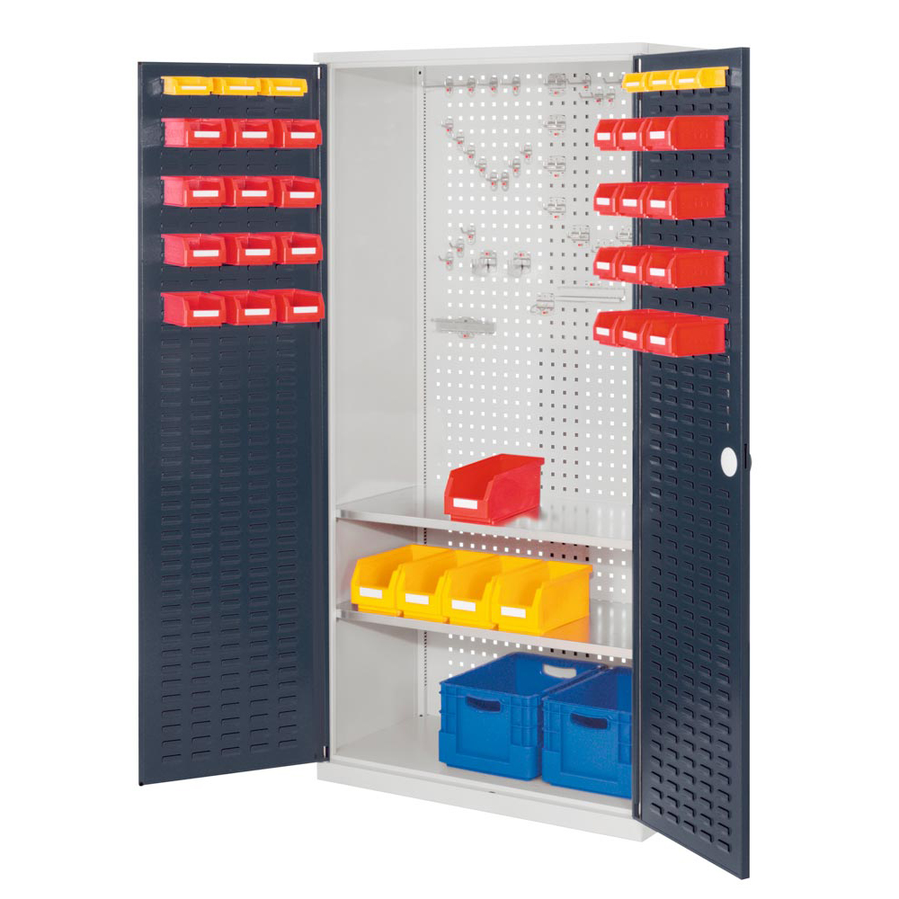 Werkzeugschrank, BxTxH 1000x500x1950 mm, 2 Fachb. Türen mit Schlitzpl., RAL 7016