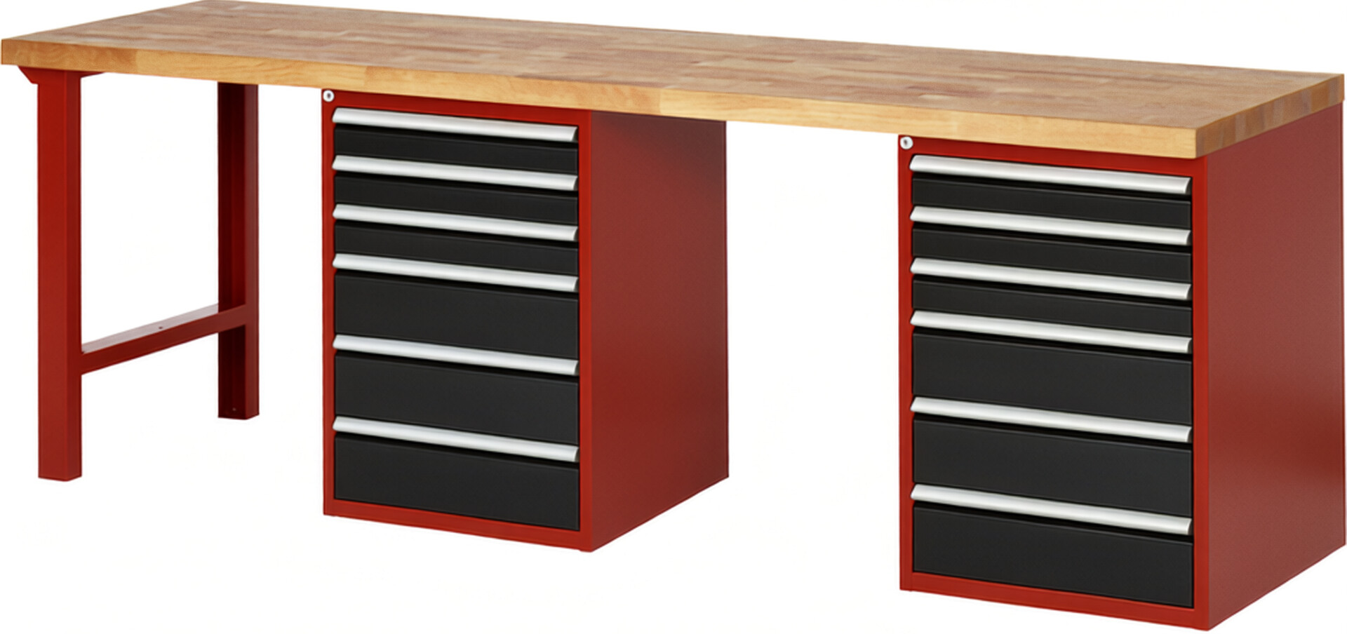 Werkbank Modell 7515 rot - schwarz, BxTxH 2500x700x890 mm,  Buche-Massiv Arbeitsplatte 40 mm,  12 Schubladen mit  Vollauszug 100 % und  SoftClosing