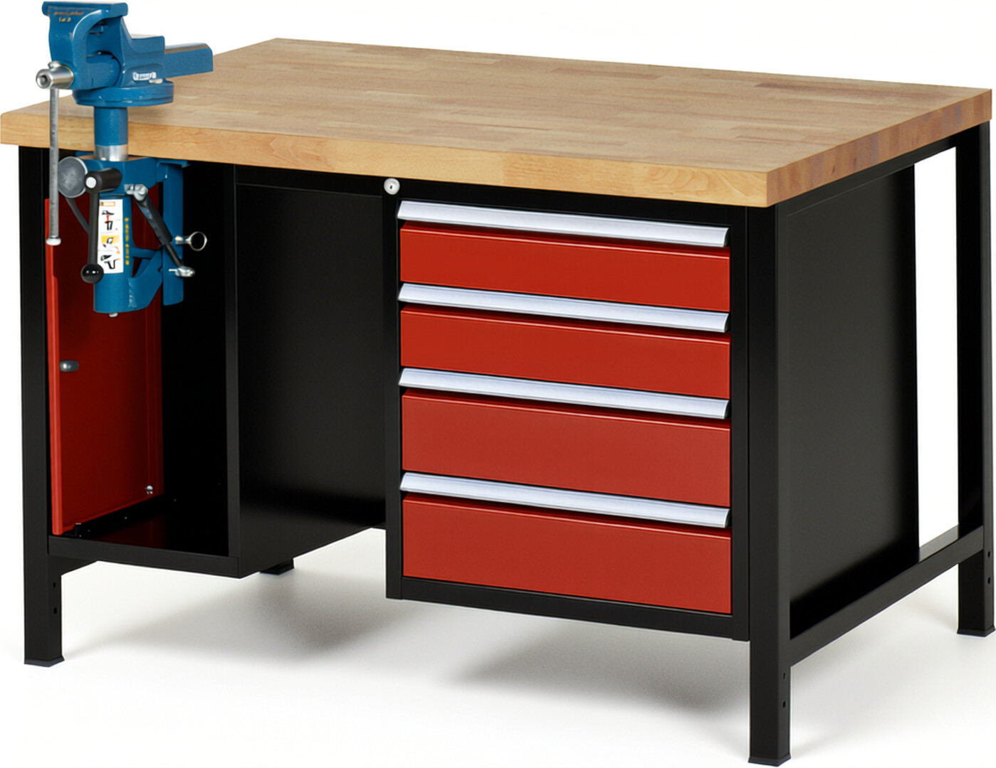 Werkbank Modell 8185 schwarz-rot, BxTxH 1250x900x840 mm,  Buche-Massiv Arbeitsplatte 40 mm,  4 Schubladen mit  Vollauszug 100 % und  SoftClosing