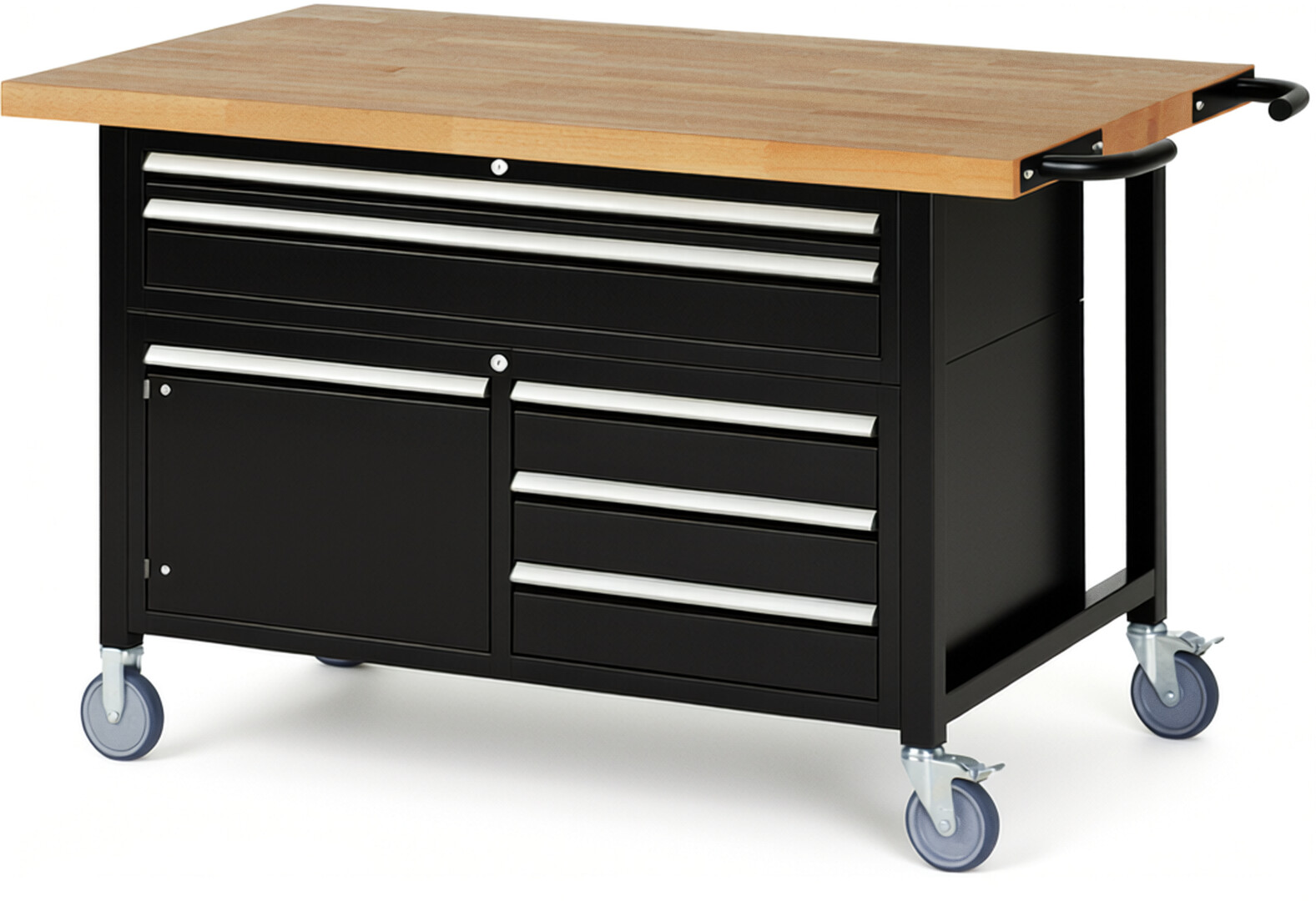 RAU Werkbank schwarz - Breite 150 cm - Tiefe 90 cm - Höhe 112 cm - Buche-Massiv Arbeitsplatte 40 mm