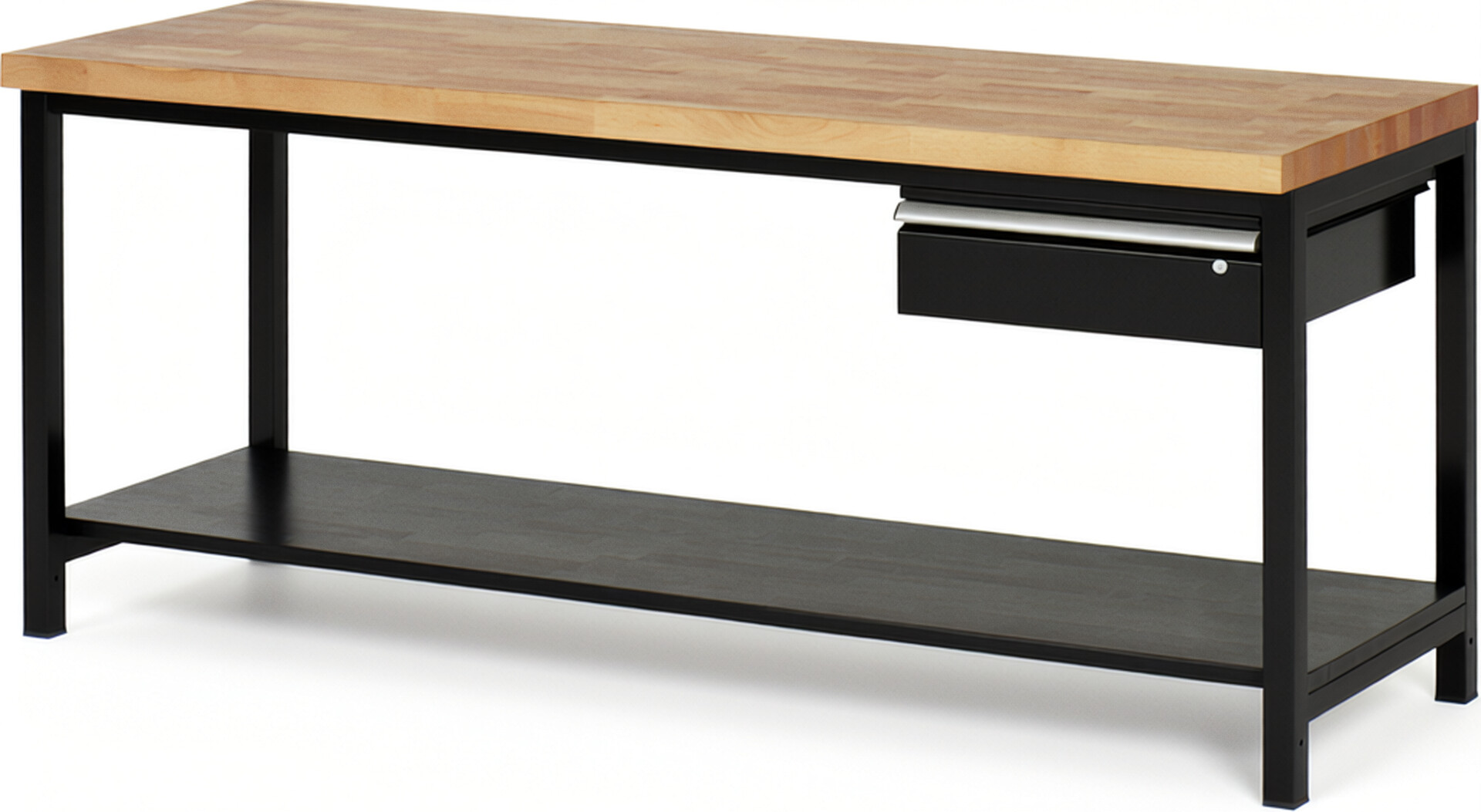 Werkbank Modell 8001 schwarz, BxTxH 2000x700x840-1040 mm,  Buche-Massiv Arbeitsplatte 40 mm,  1 Schublade mit  Auszug 90 %