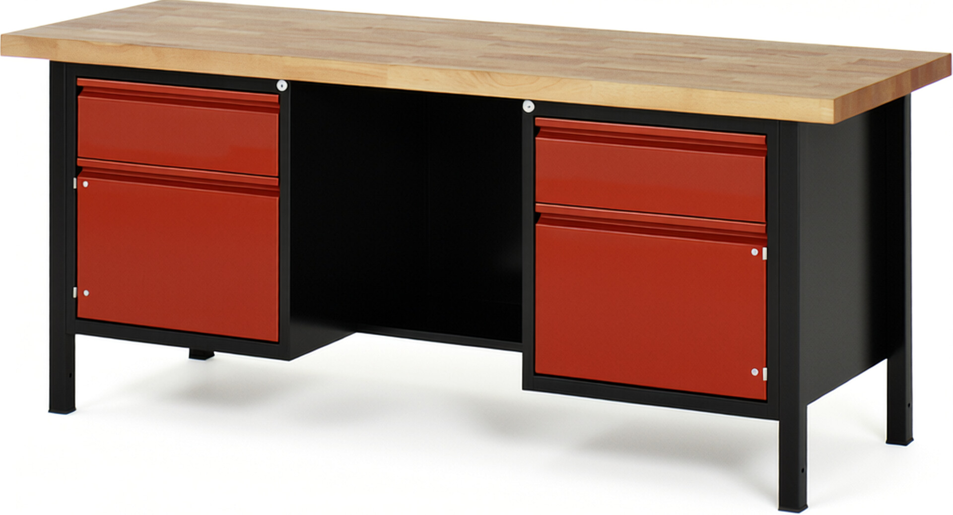 Werkbank - Modell 8551 BASIC schwarz-rot, BxTxH 2000x700x840-1040 mm,  Buche-Massiv Arbeitsplatte 40 mm,  2 Schubladen mit  Auszug 90 %