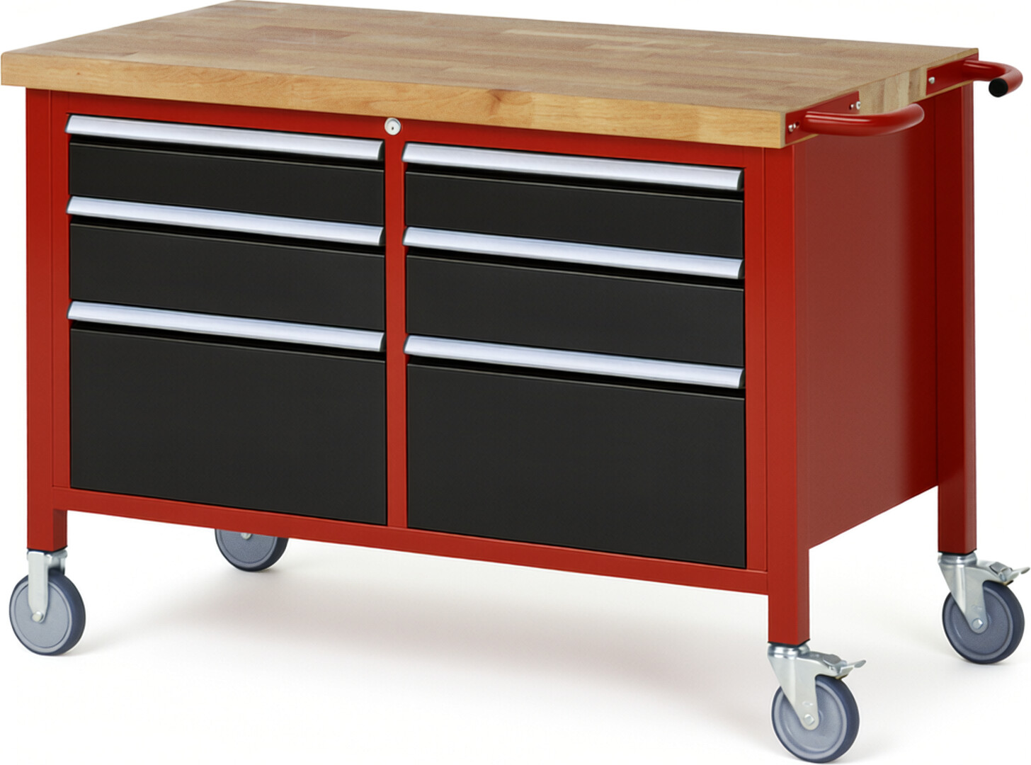Fahrbare Werkbank Modell 8475 rot - schwarz, BxTxH 1250x700x880-1080 mm,  Buche-Massiv Arbeitsplatte 40 mm,  6 Schubladen mit  Auszug 90 %