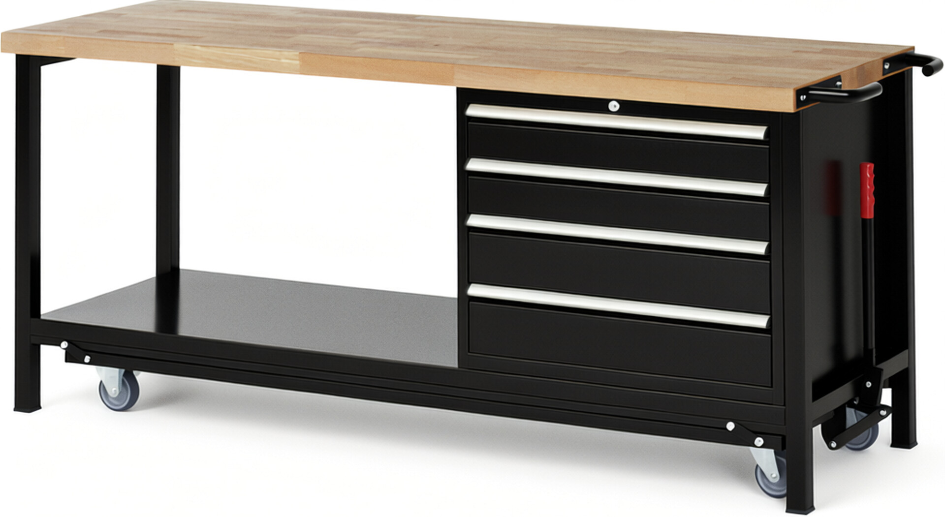 Absenkbare Werkbank Modell 8262 schwarz, BxTxH 2000x700x880 mm,  Buche-Massiv Arbeitsplatte 40 mm,  4 Schubladen mit  Vollauszug 100 % und  SoftClosing