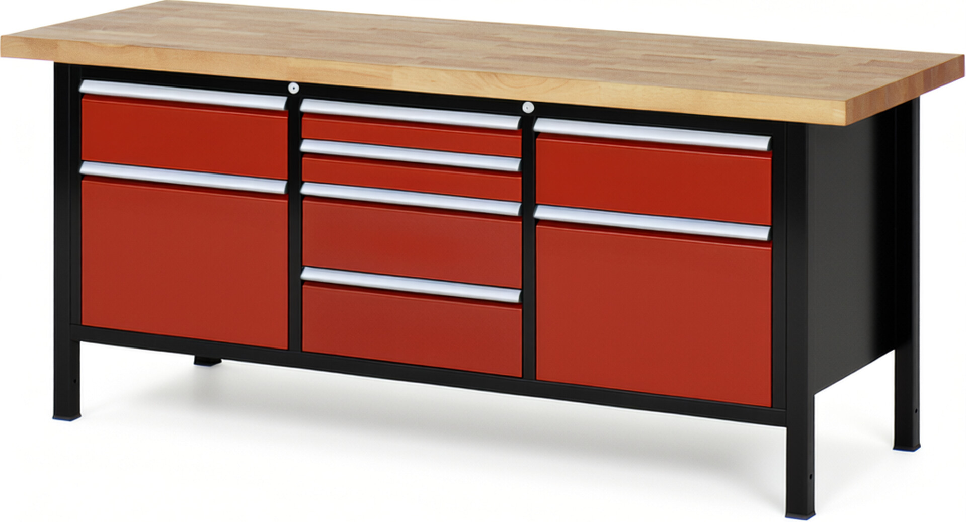 RAU Werkbank schwarz - rot - Breite 200 cm - Tiefe 70 cm - Höhe 104 cm - Buche-Massiv Arbeitsplatte 40 mm