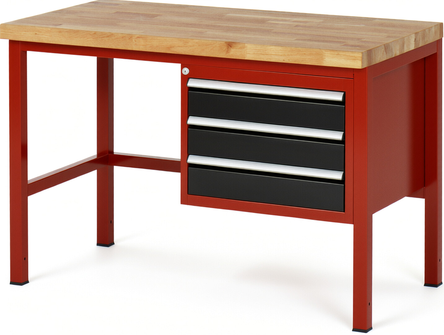 Werkbank Modell 8127 rot - schwarz, BxTxH 1250x700x840-1040 mm,  Buche-Massiv Arbeitsplatte 40 mm,  3 Schubladen mit  Vollauszug 100 % und  SoftClosing