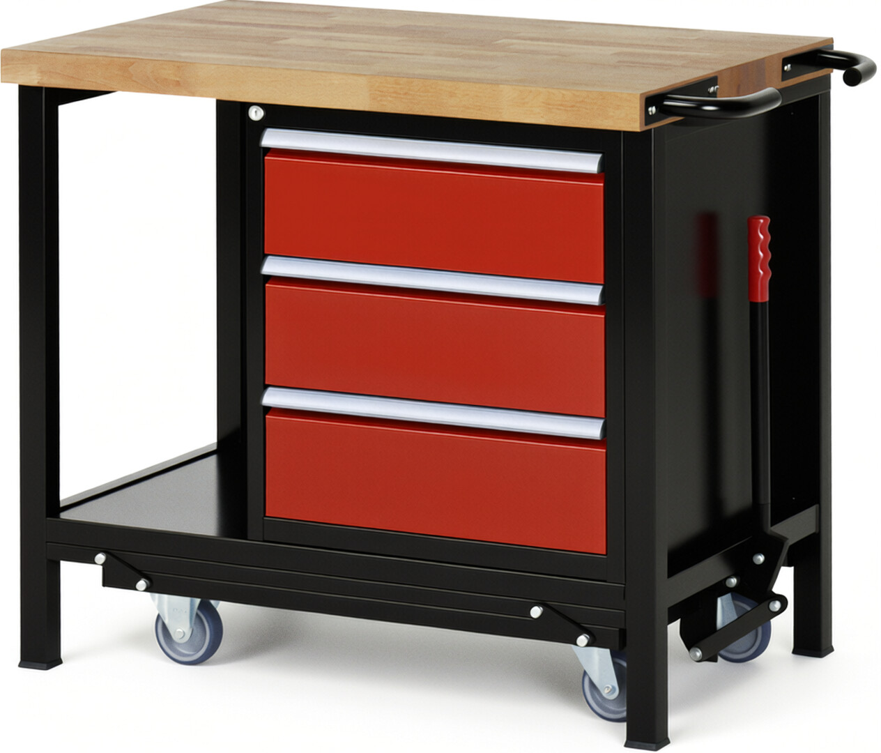 RAU Werkbank schwarz - rot - Breite 100 cm - Tiefe 70 cm - Höhe 88 cm - Buche-Massiv Arbeitsplatte 40 mm