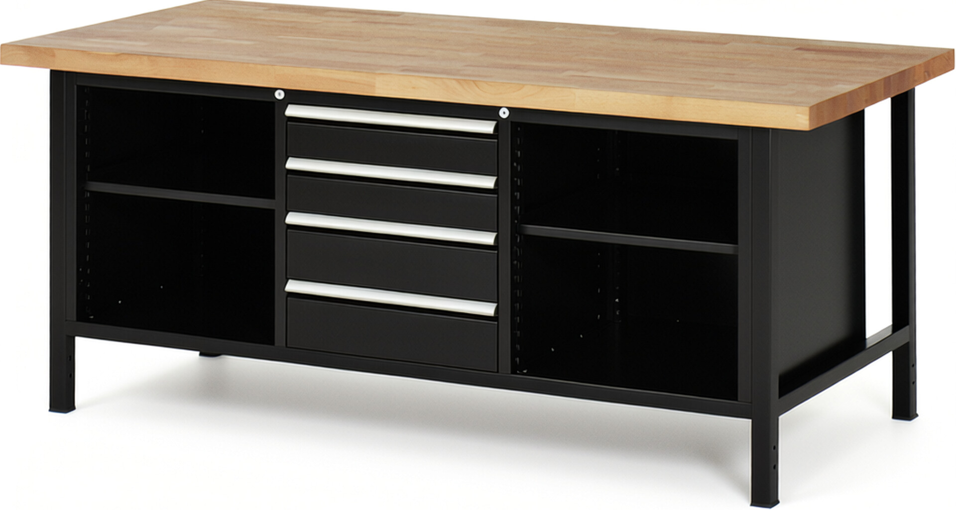 Werkbank Modell 8566 schwarz, BxTxH 2000x900x840 mm,  Buche-Massiv Arbeitsplatte 40 mm,  4 Schubladen mit  Vollauszug 100 % und  SoftClosing
