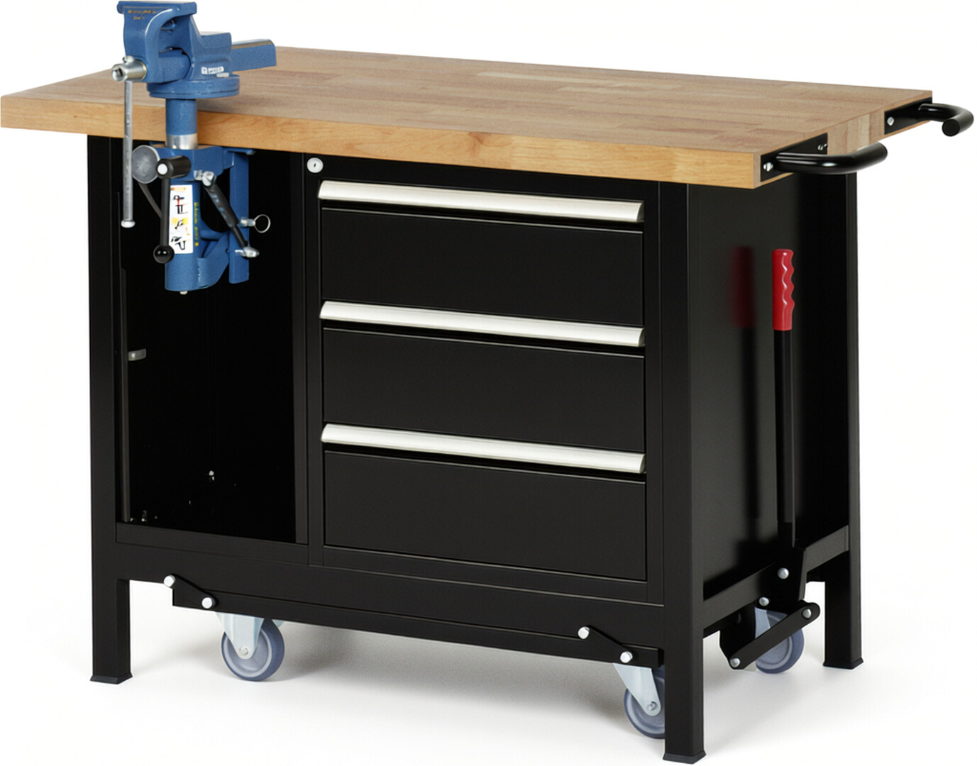 RAU Werkbank schwarz - Breite 125 cm - Tiefe 70 cm - Höhe 88 cm - Buche-Massiv Arbeitsplatte 40 mm