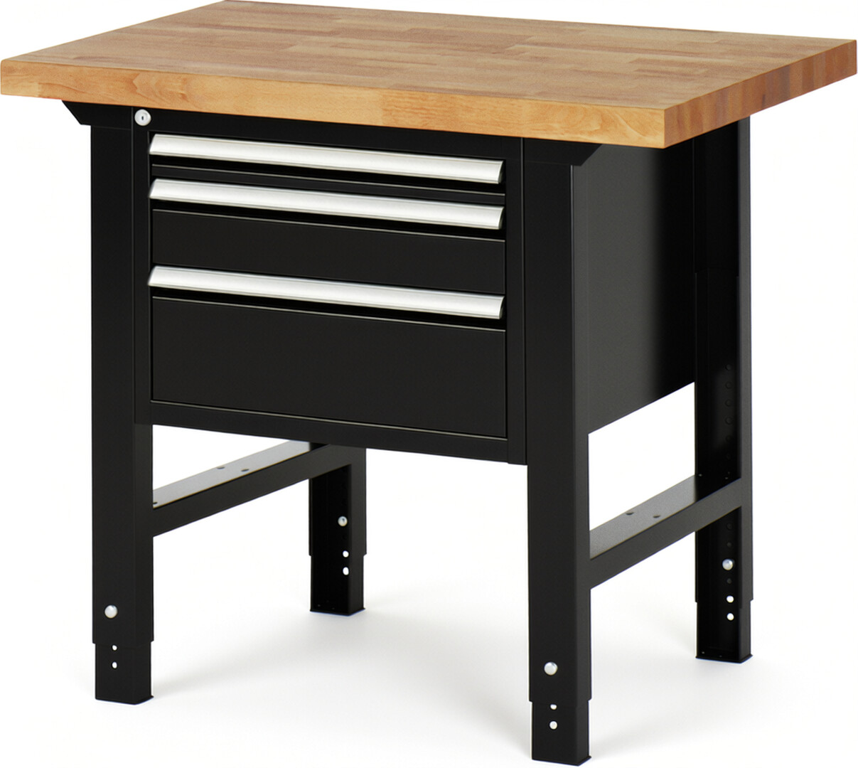 Werkbank Modell 7126 schwarz, BxTxH 1000x700x790-1140 mm,  Buche-Massiv Arbeitsplatte 40 mm,  3 Schubladen mit  Auszug 90 %
