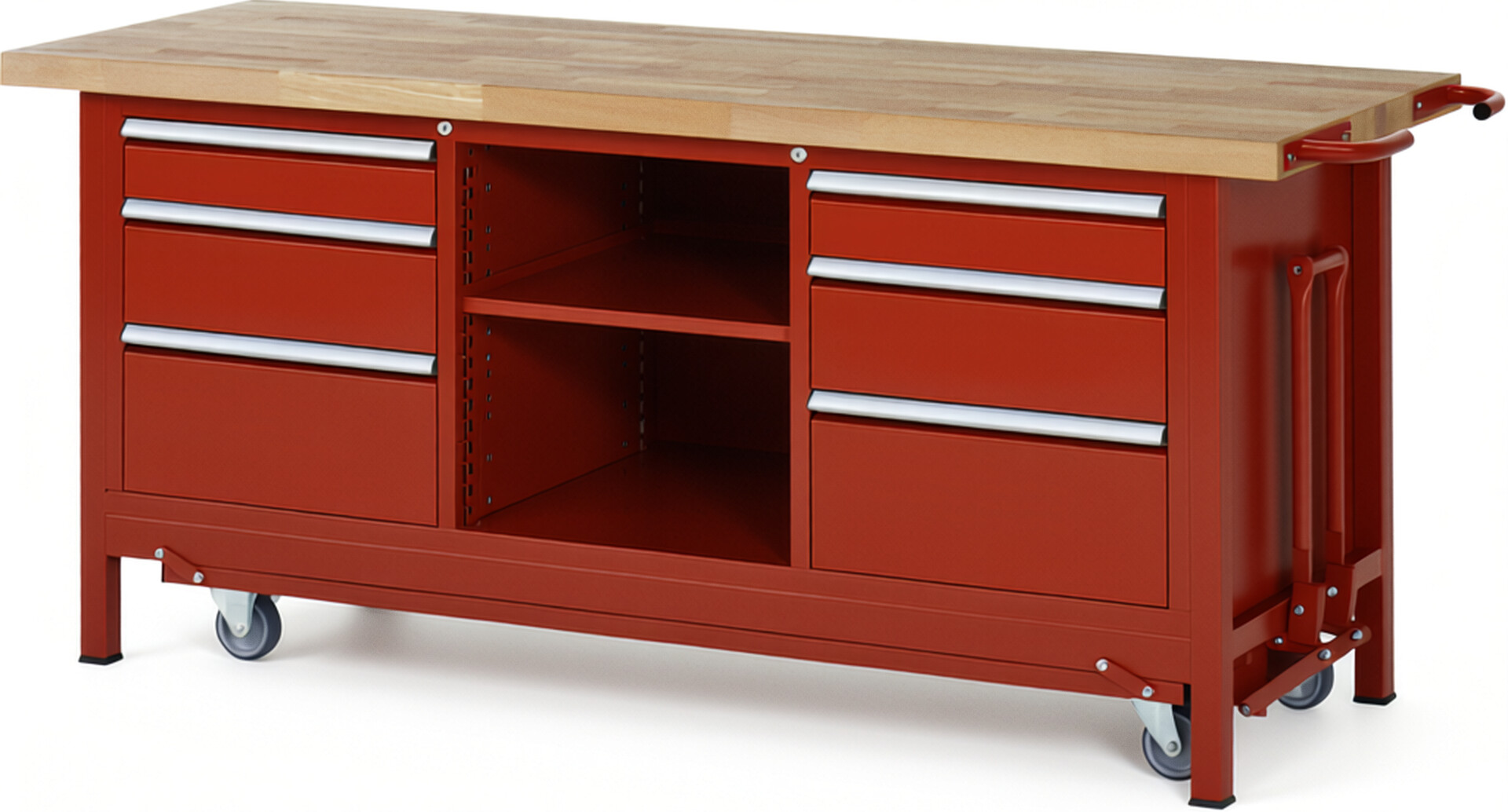 Absenkbare Werkbank Modell 8564 rot, BxTxH 2000x700x880 mm,  Buche-Massiv Arbeitsplatte 40 mm,  6 Schubladen mit  Auszug 90 %