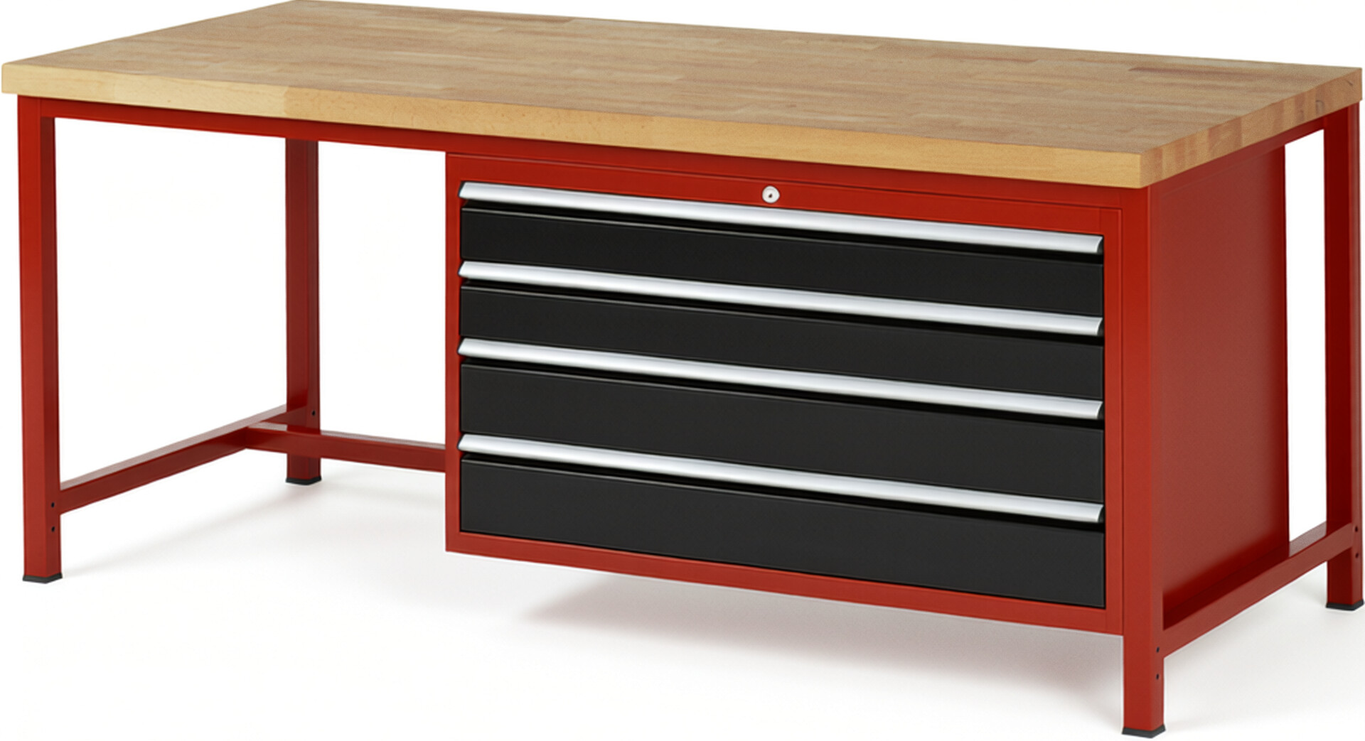 Werkbank Modell 8362 rot - schwarz, BxTxH 2000x900x840-1040 mm,  Buche-Massiv Arbeitsplatte 40 mm,  4 Schubladen mit  Auszug 90 %