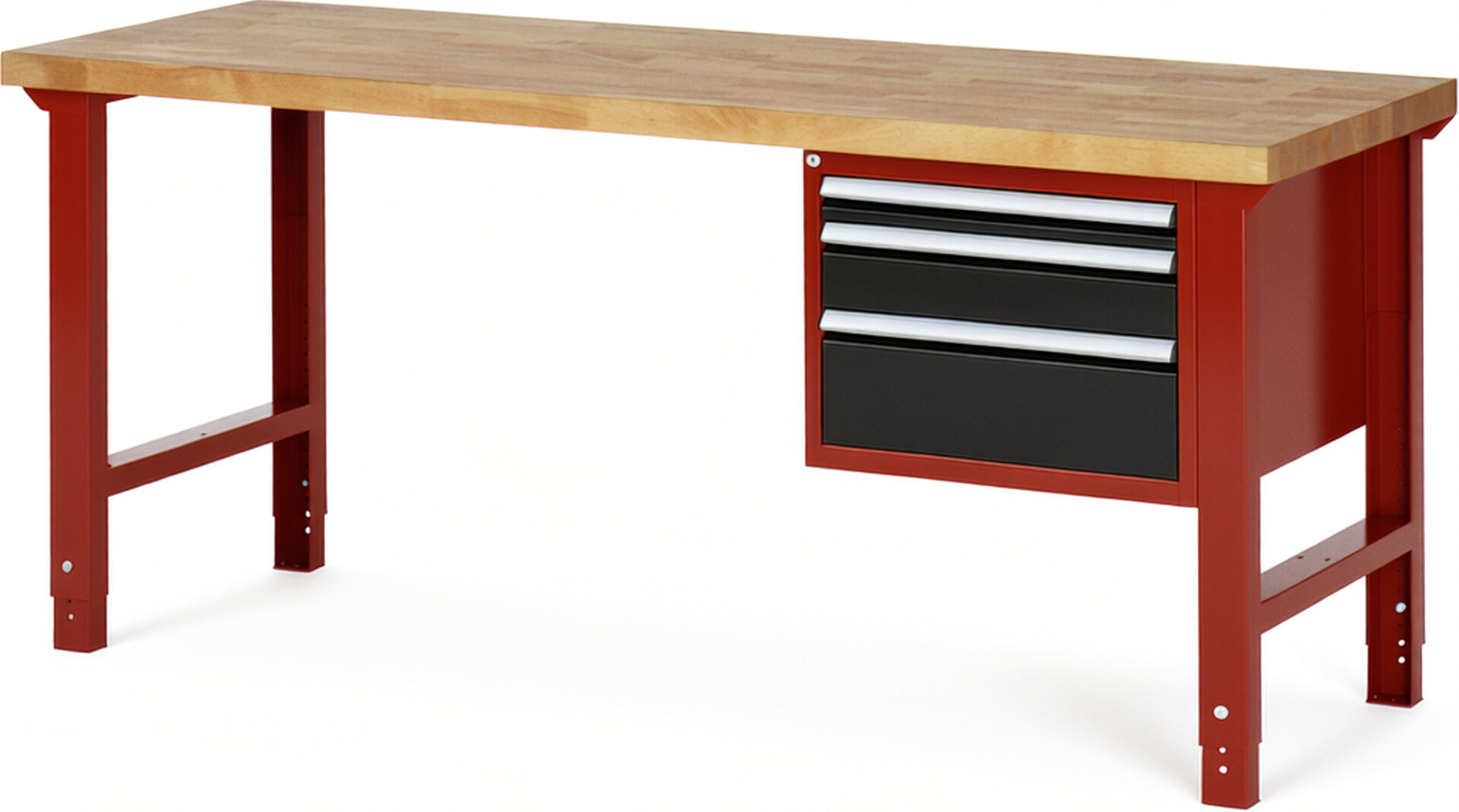 Werkbank Modell 7126 rot - schwarz, BxTxH 2000x700x790-1140 mm,  Buche-Massiv Arbeitsplatte 40 mm,  3 Schubladen mit  Vollauszug 100 % und  SoftClosing