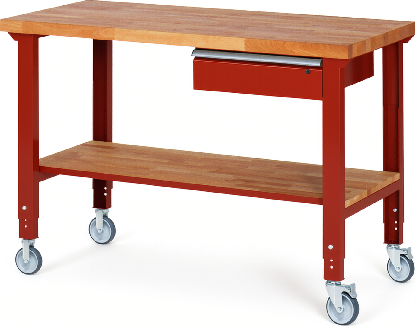 Fahrbare Werkbank Modell 7001 rot, BxTxH 1500x700x950-1000 mm,  Buche-Massiv Arbeitsplatte 40 mm,  1 Schublade mit  Auszug 90 %