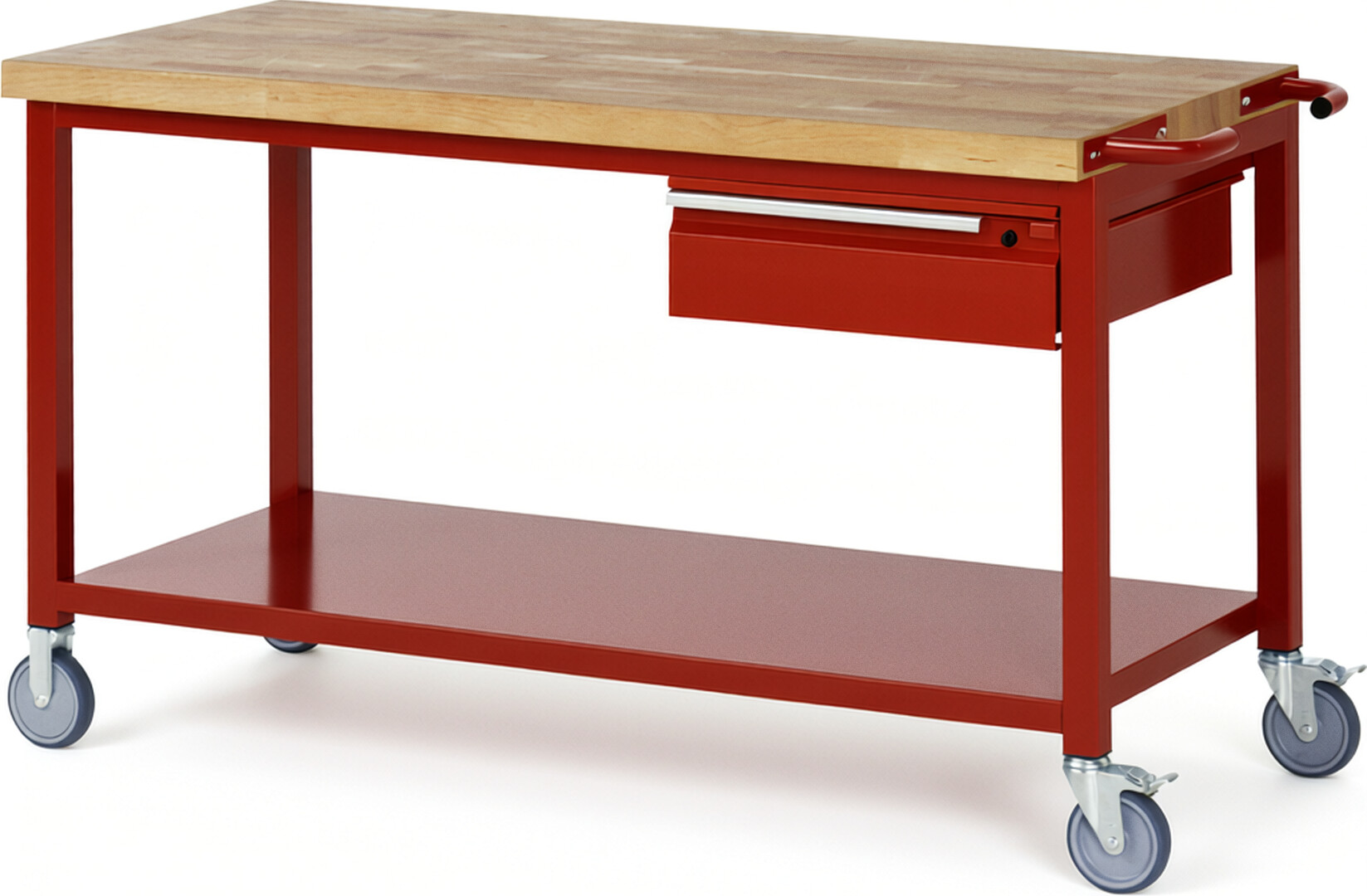 Fahrbare Werkbank - Modell 8001 BASIC rot, BxTxH 1500x700x880 mm,  Buche-Massiv Arbeitsplatte 40 mm,  1 Schublade mit  Auszug 90 %