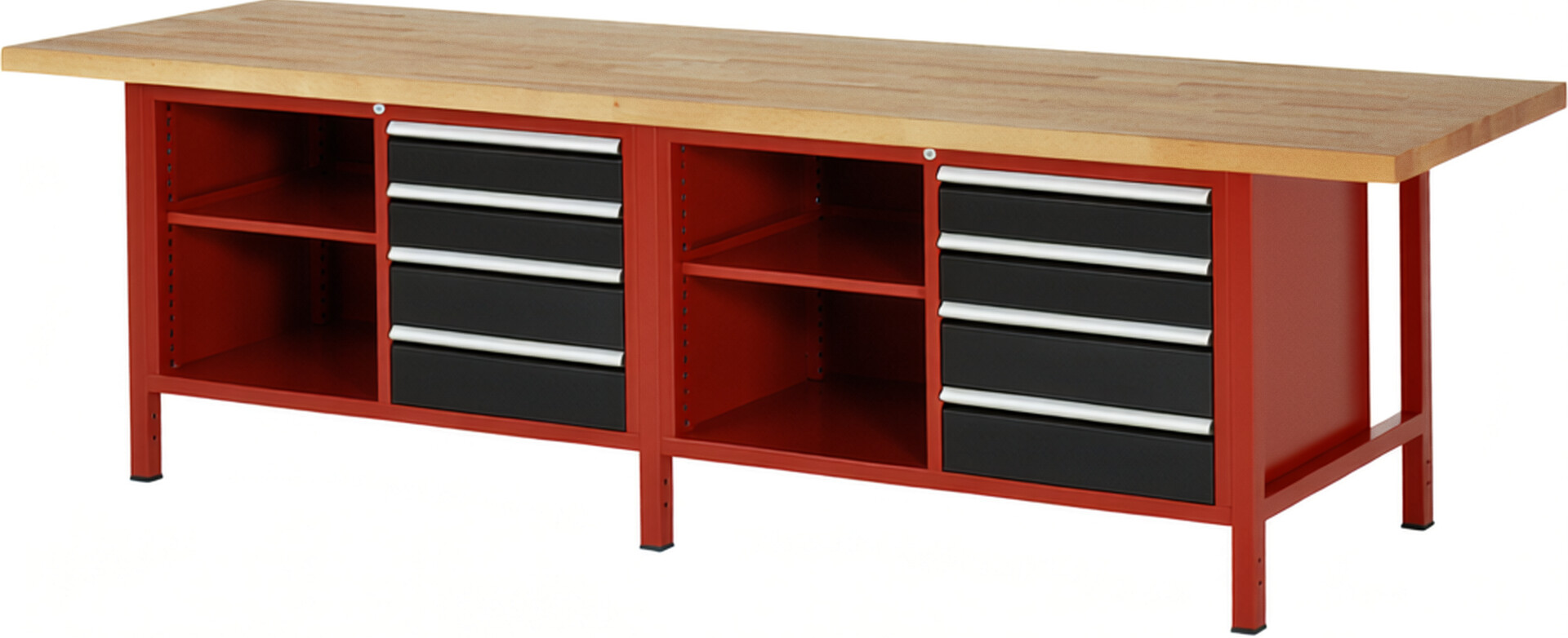 Werkbank Modell 8463 rot - schwarz, BxTxH 3000x900x840-1040 mm,  Buche-Massiv Arbeitsplatte 40 mm,  8 Schubladen mit  Auszug 90 %
