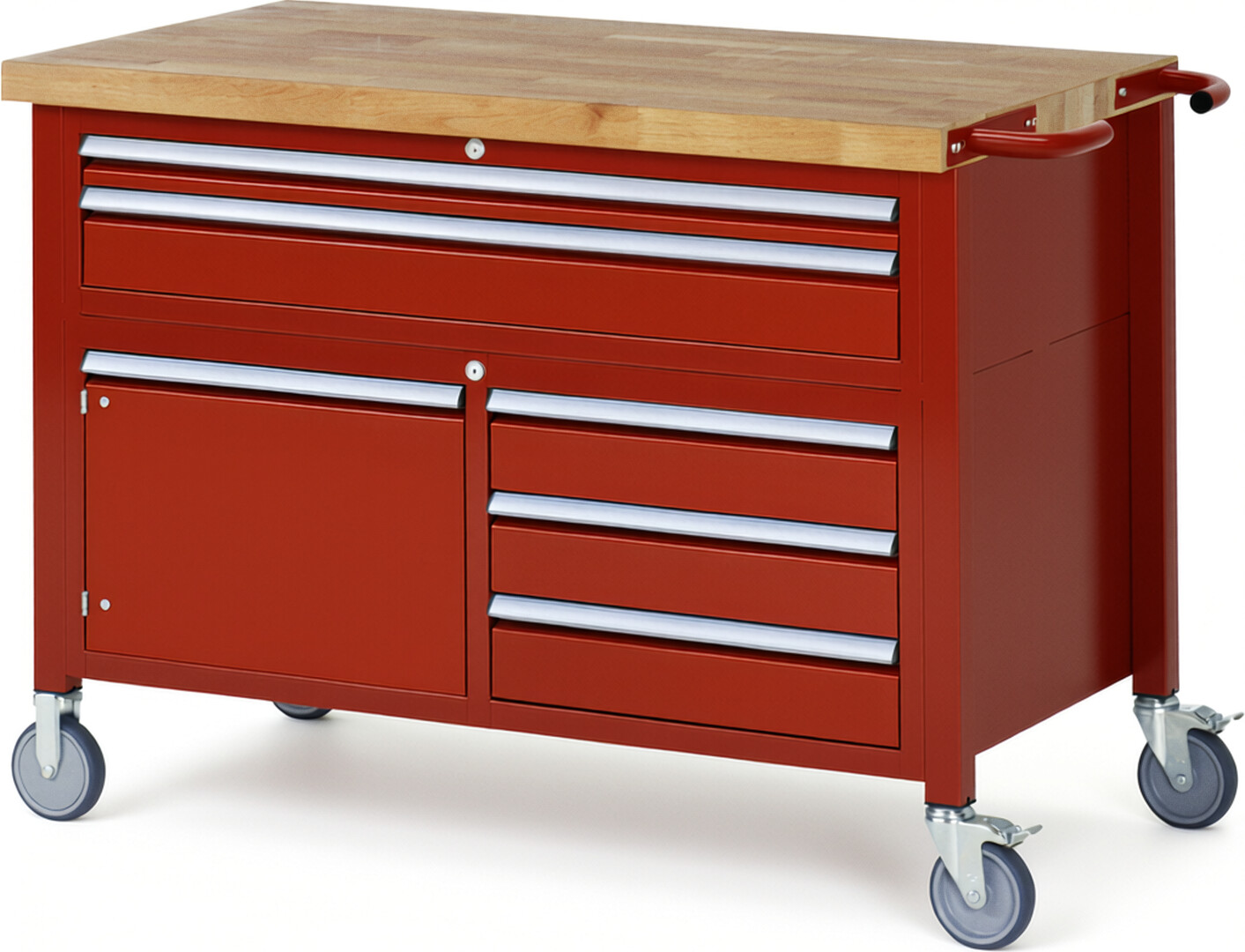 Fahrbare Werkbank Modell 8922 rot, BxTxH 1250x700x920 mm,  Buche-Massiv Arbeitsplatte 40 mm,  5 Schubladen mit  Vollauszug 100 % und  SoftClosing