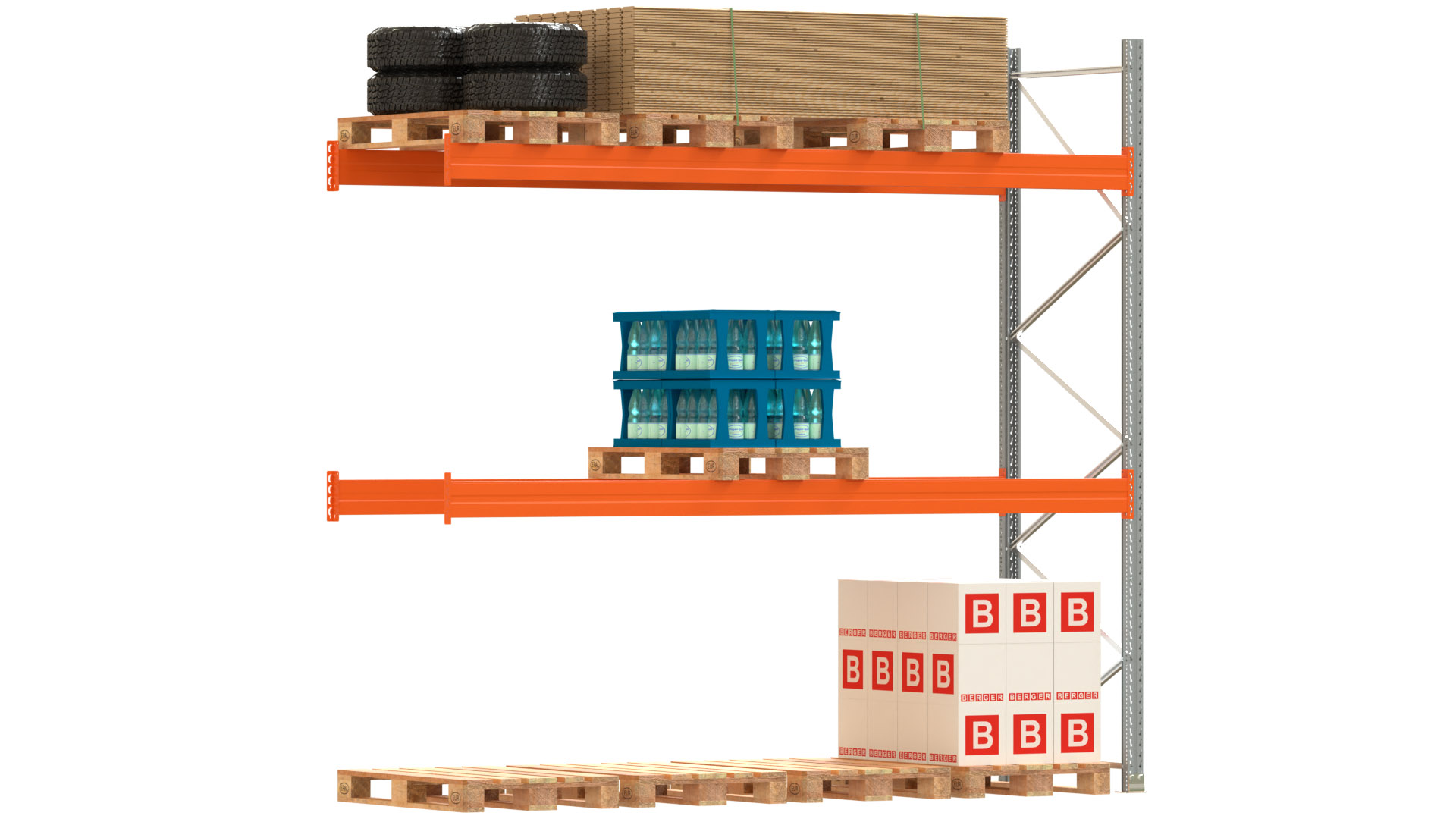 Palettenregal ARTUS - Anbaufeld - Breite 368,5 cm - Höhe 350 cm - Tiefe 110 cm - 2 Träger Ebenen