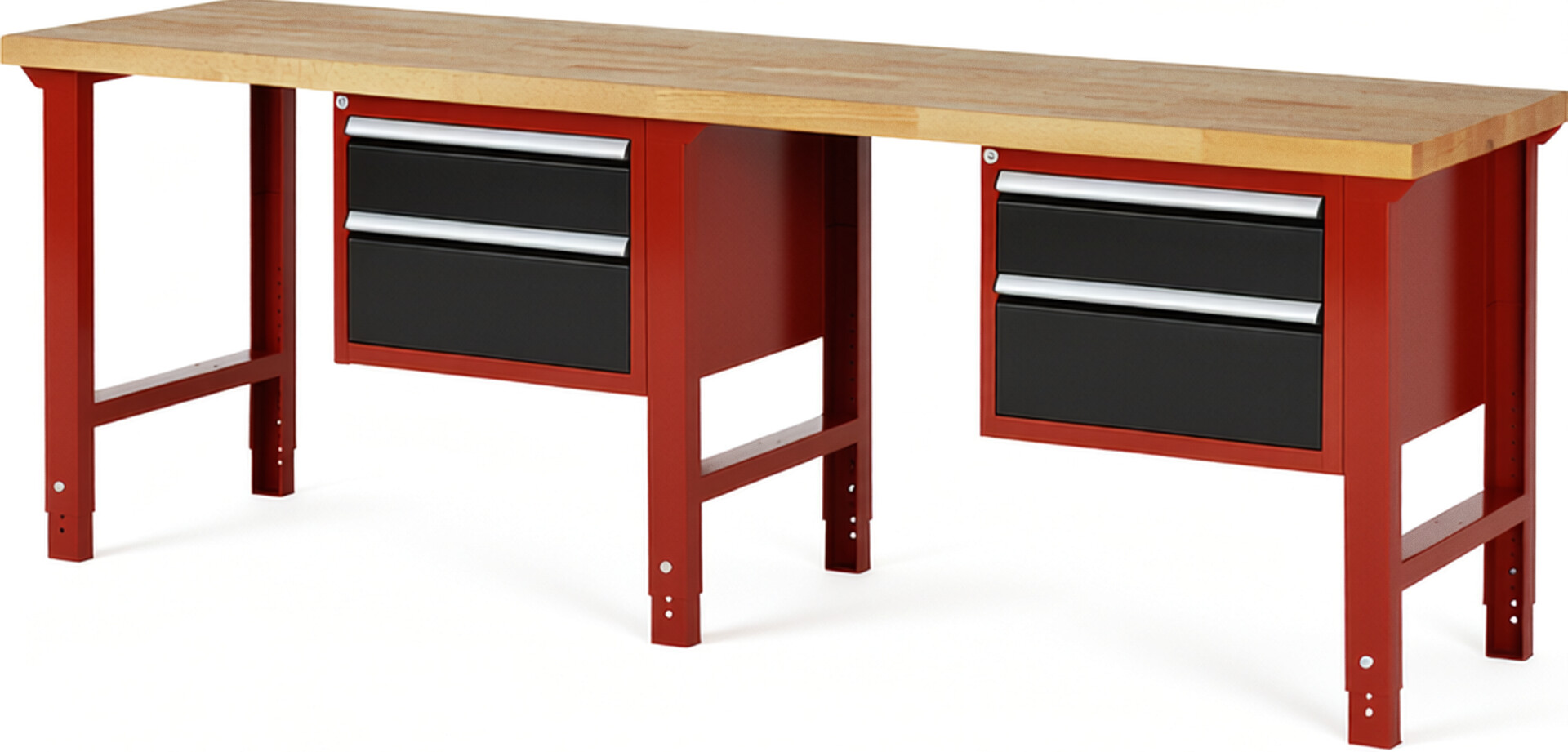 Werkbank Modell 7123 rot - schwarz, BxTxH 2500x700x790-1140 mm,  Buche-Massiv Arbeitsplatte 40 mm,  4 Schubladen mit  Vollauszug 100 % und  SoftClosing