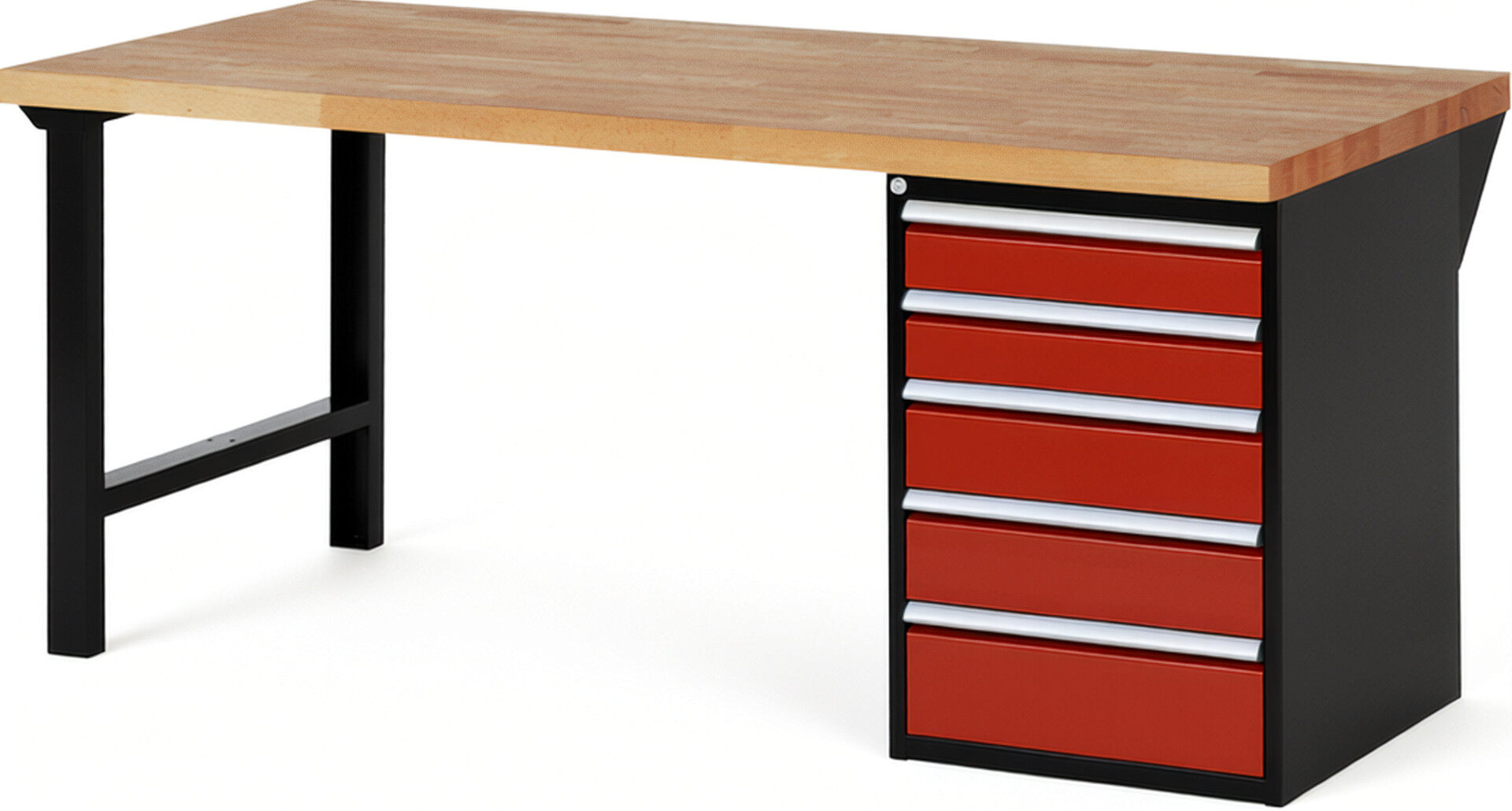 RAU Werkbank schwarz - rot - Breite 200 cm - Tiefe 90 cm - Höhe 84 cm - Buche-Massiv Arbeitsplatte 40 mm