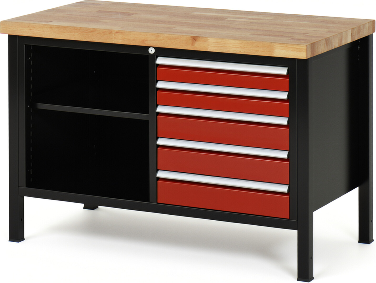 RAU Werkbank schwarz - rot - Breite 125 cm - Tiefe 70 cm - Höhe 104 cm - Buche-Massiv Arbeitsplatte 40 mm