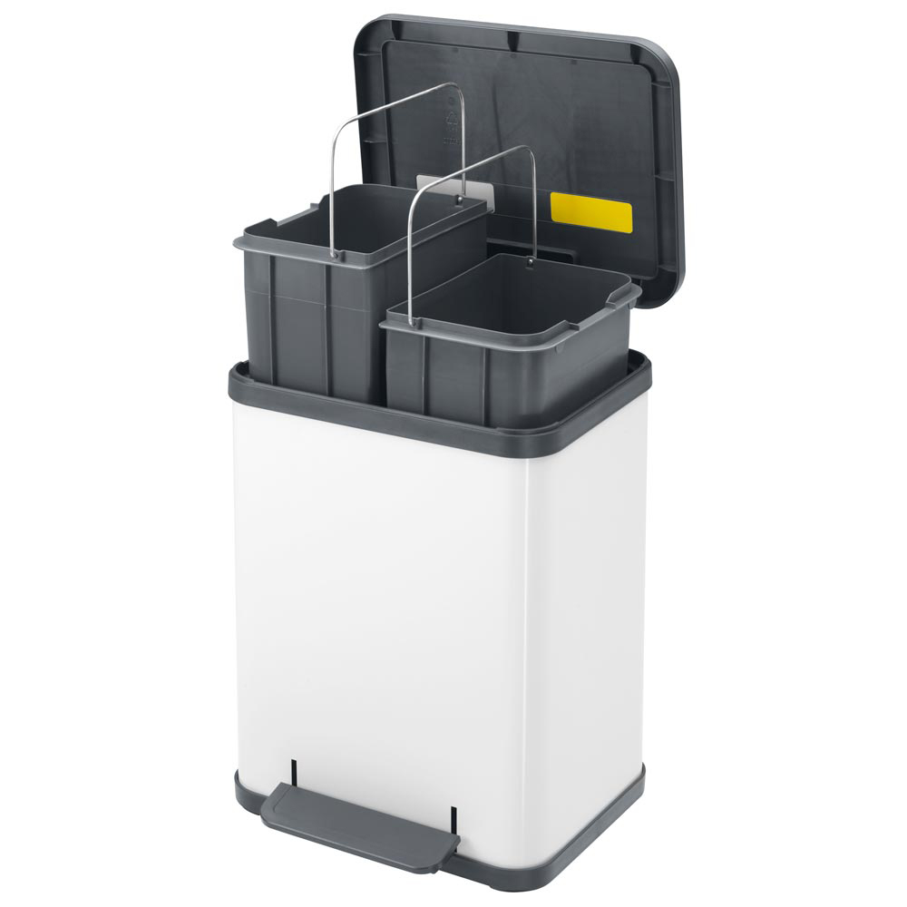 Tretmülleimer, Volumen 2x9 l, BxTxH 320x330x430 mm, Gehäuse Stahlblech weiß, Kunststoff-Deckel schwarz mit Soft-Close