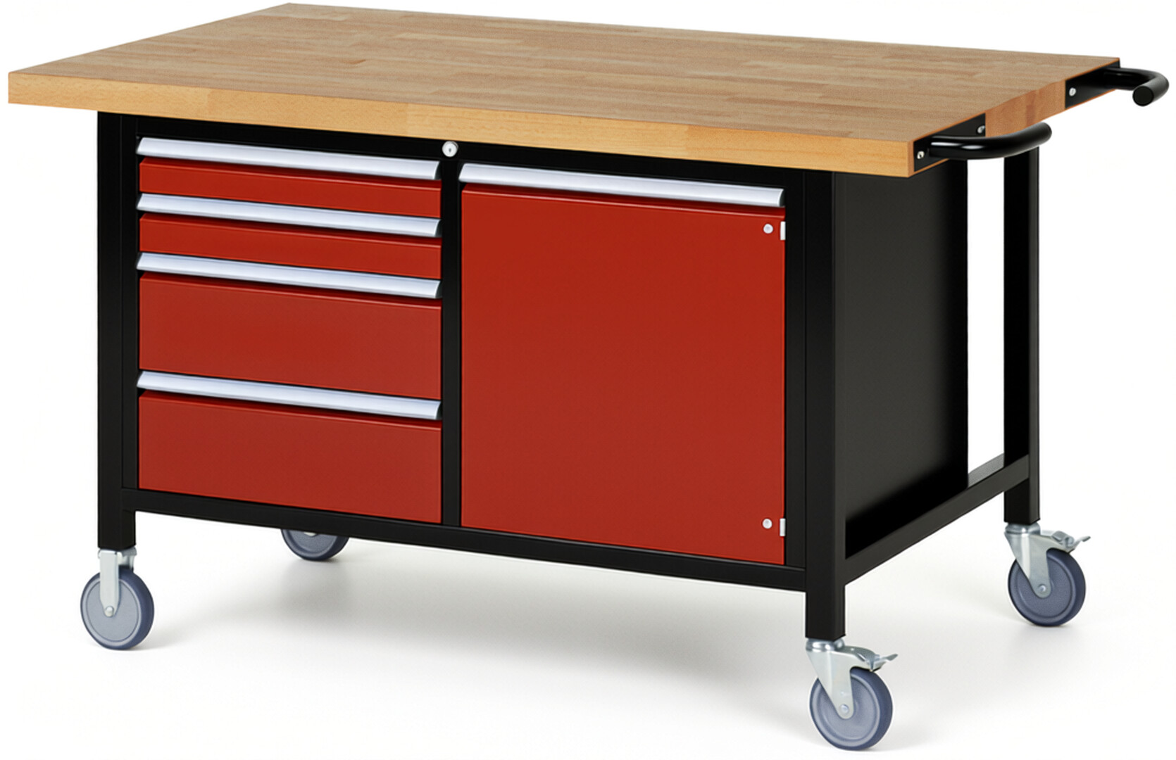 RAU Werkbank schwarz - rot - Breite 150 cm - Tiefe 90 cm - Höhe 108 cm - Buche-Massiv Arbeitsplatte 40 mm