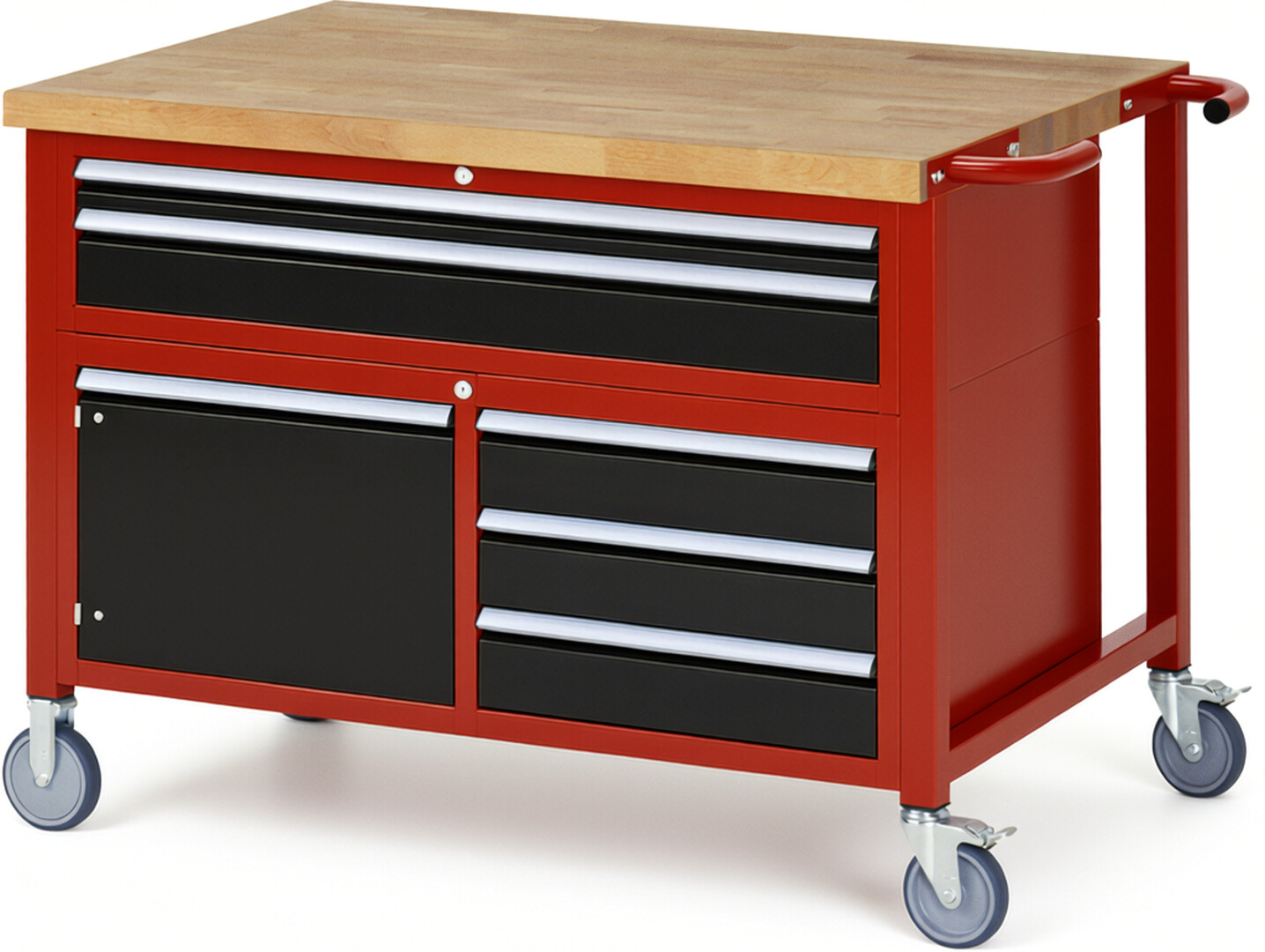 Fahrbare Werkbank Modell 8922 rot - schwarz, BxTxH 1250x900x920 mm,  Buche-Massiv Arbeitsplatte 40 mm,  5 Schubladen mit  Auszug 90 %