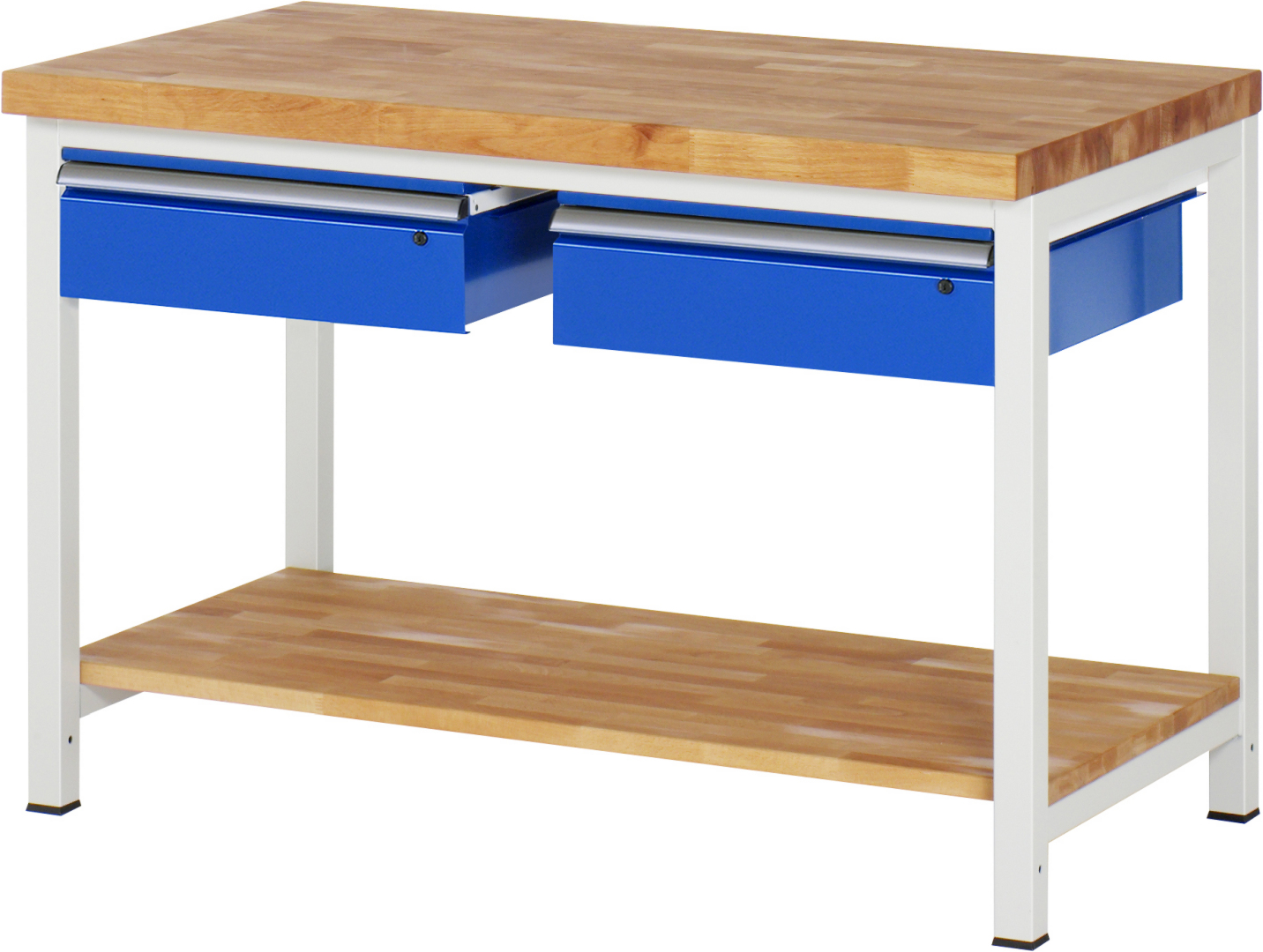 Werkbank Modell 8002,  BxTxH 1250x700x840-1040 mm,  Buche-Massiv Arbeitsplatte 40 mm,  2 Schubladen mit  Auszug 90 %