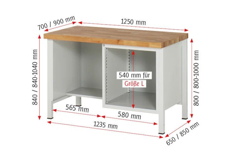 Werkbank Modell 8452 schwarz, BxTxH 1250x700x840-1040 mm,  Buche-Massiv Arbeitsplatte 40 mm,  3 Schubladen mit  Auszug 90 %