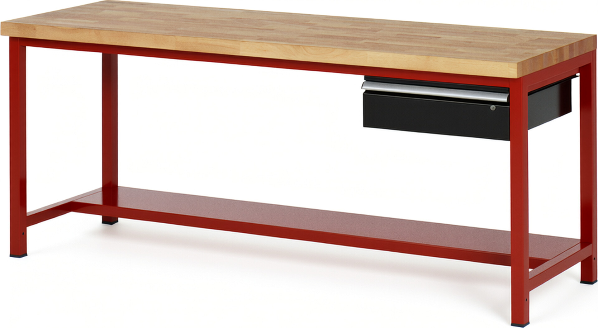 Werkbank Modell 8001 rot - schwarz, BxTxH 2000x700x840 mm,  Buche-Massiv Arbeitsplatte 40 mm,  1 Schublade mit  Auszug 90 %