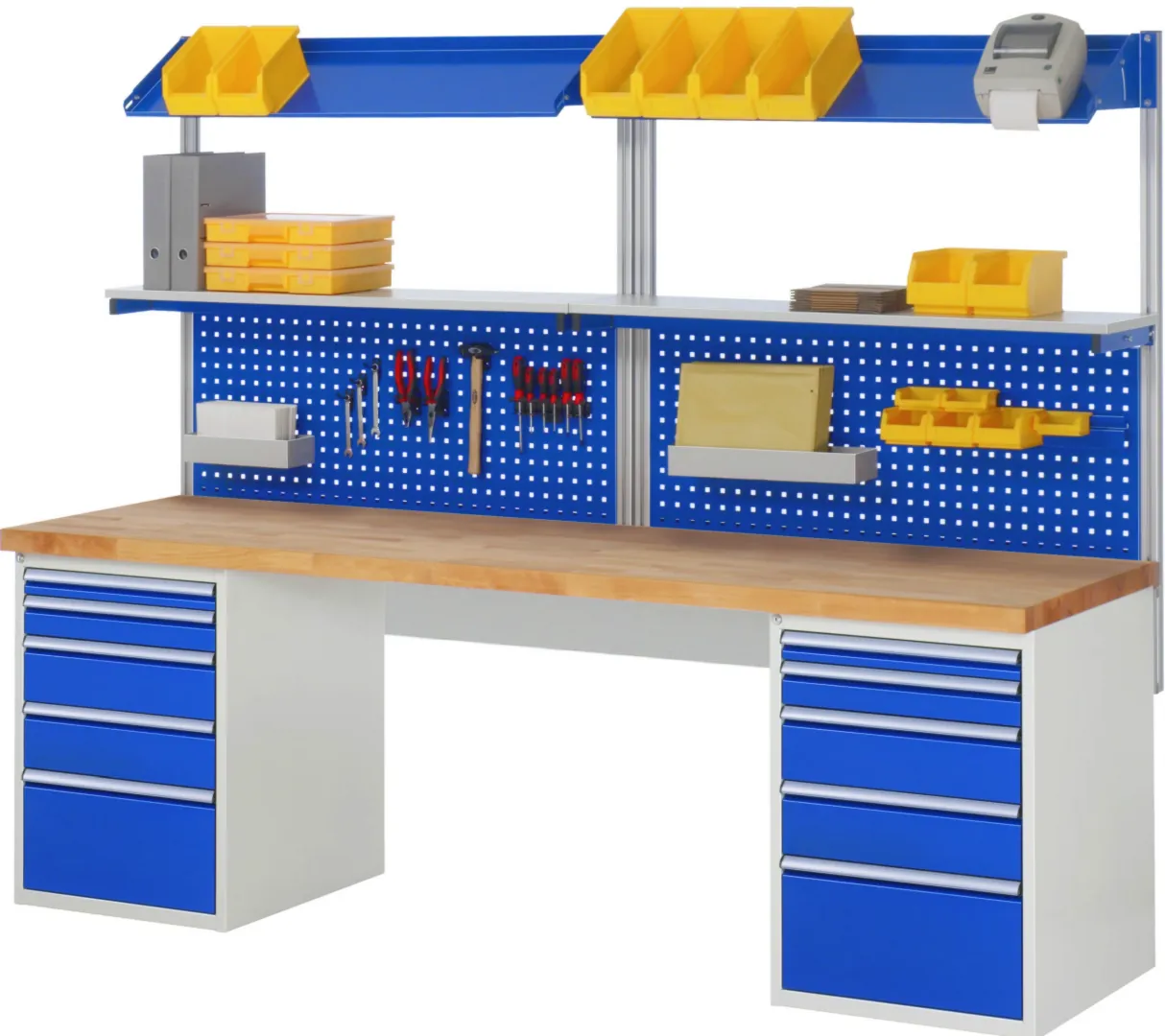 Werkbank Modell 7510 schwarz, BxTxH 2500x900x890 mm,  Buche-Massiv Arbeitsplatte 40 mm,  8 Schubladen mit  Vollauszug 100 % und  SoftClosing