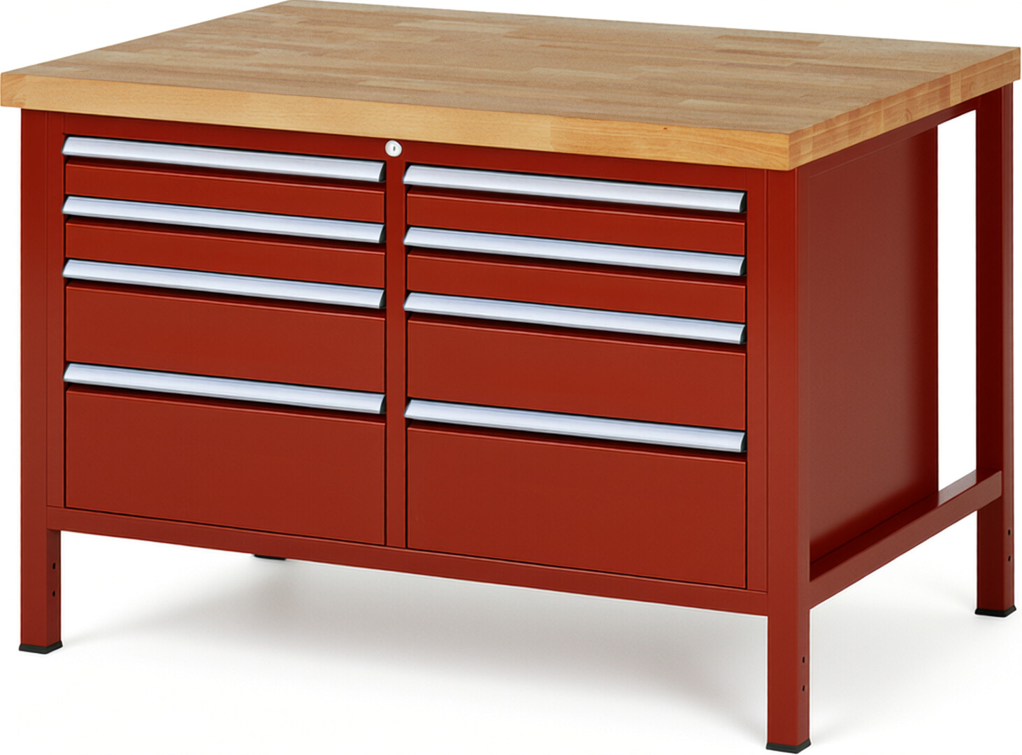 Werkbank Modell 8478 rot, BxTxH 1250x900x840-1040 mm,  Buche-Massiv Arbeitsplatte 40 mm,  8 Schubladen mit  Vollauszug 100 % und  SoftClosing