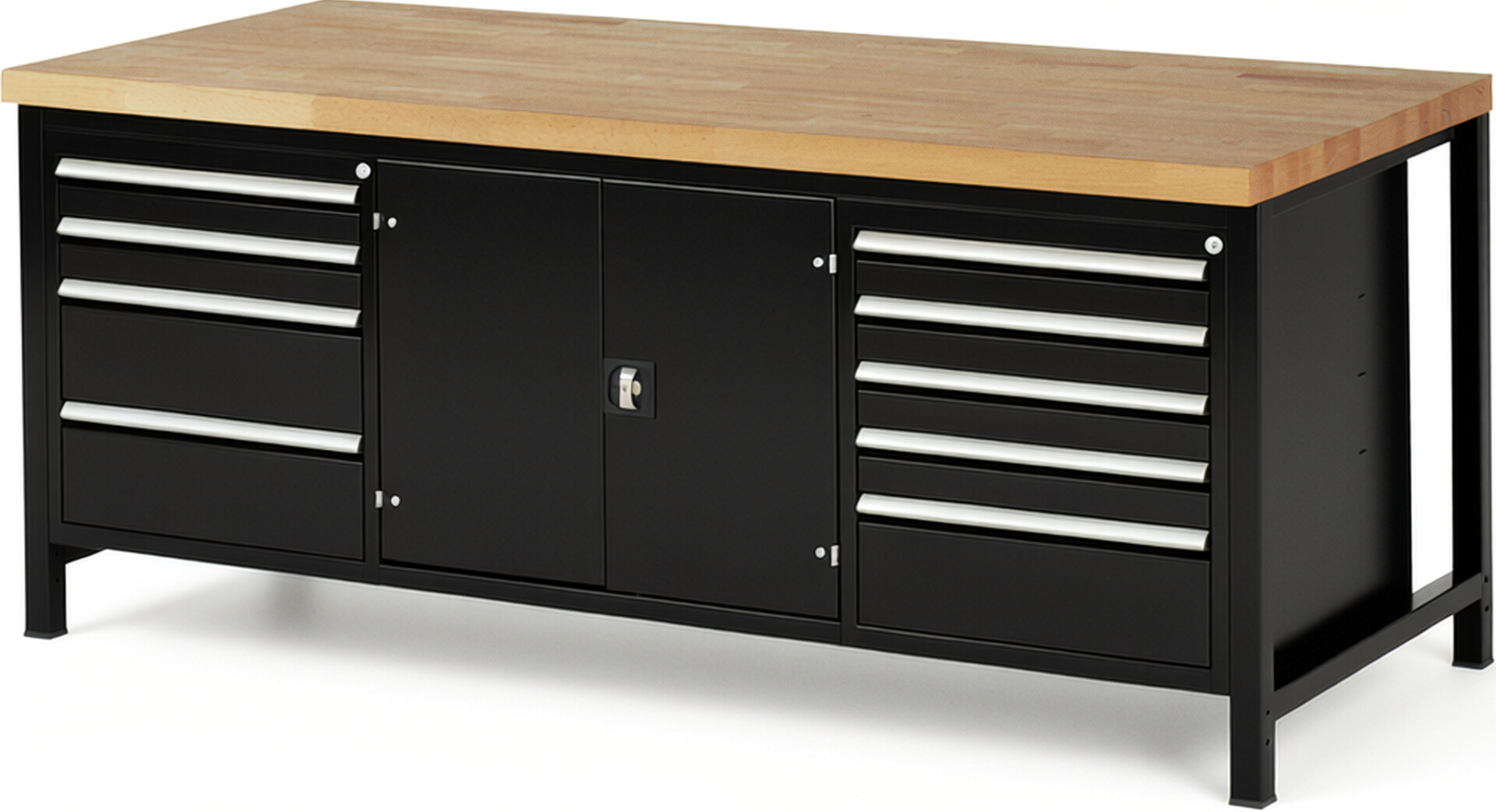 Werkbank Modell 8908 schwarz, BxTxH 2000x900x840-1040 mm,  Buche-Massiv Arbeitsplatte 40 mm,  9 Schubladen mit  Vollauszug 100 % und  SoftClosing