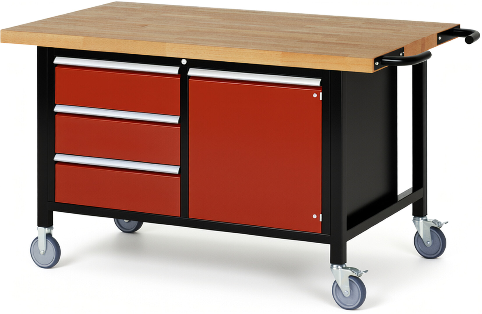 RAU Werkbank schwarz - rot - Breite 150 cm - Tiefe 90 cm - Höhe 88 cm - Buche-Massiv Arbeitsplatte 40 mm