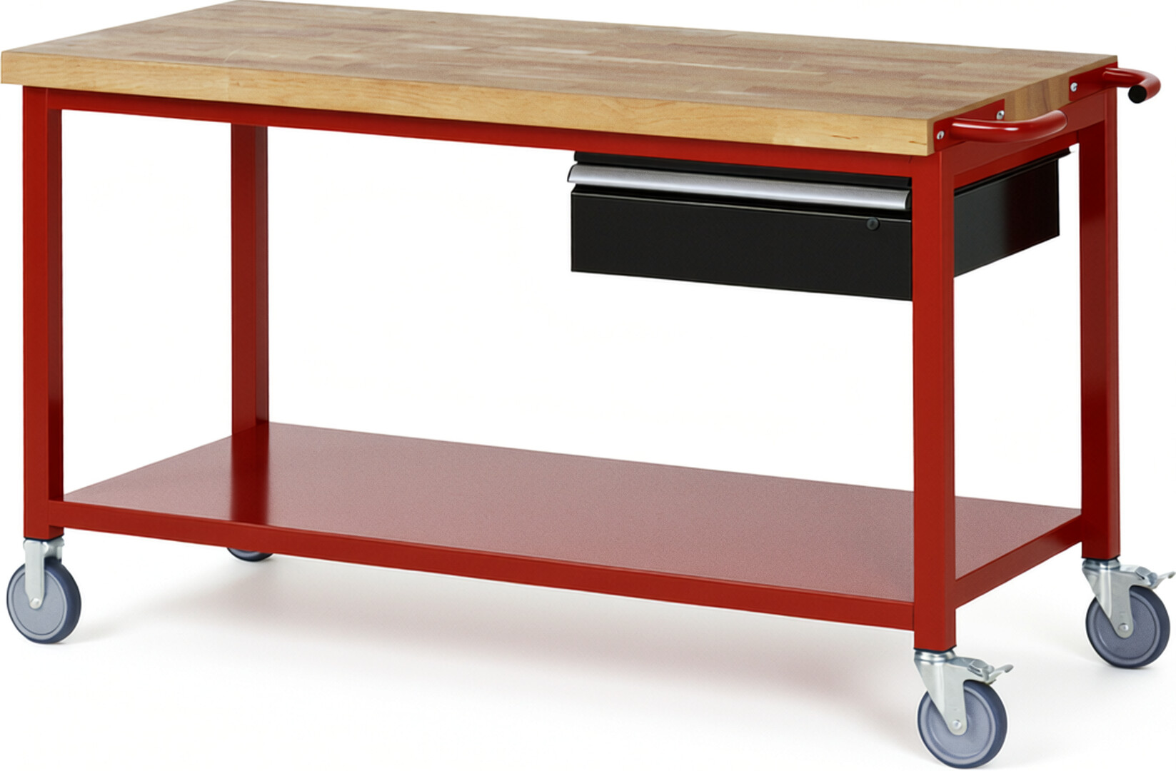 Fahrbare Werkbank Modell 8001 rot - schwarz, BxTxH 1500x700x880-1080 mm,  Buche-Massiv Arbeitsplatte 40 mm,  1 Schublade mit  Auszug 90 %