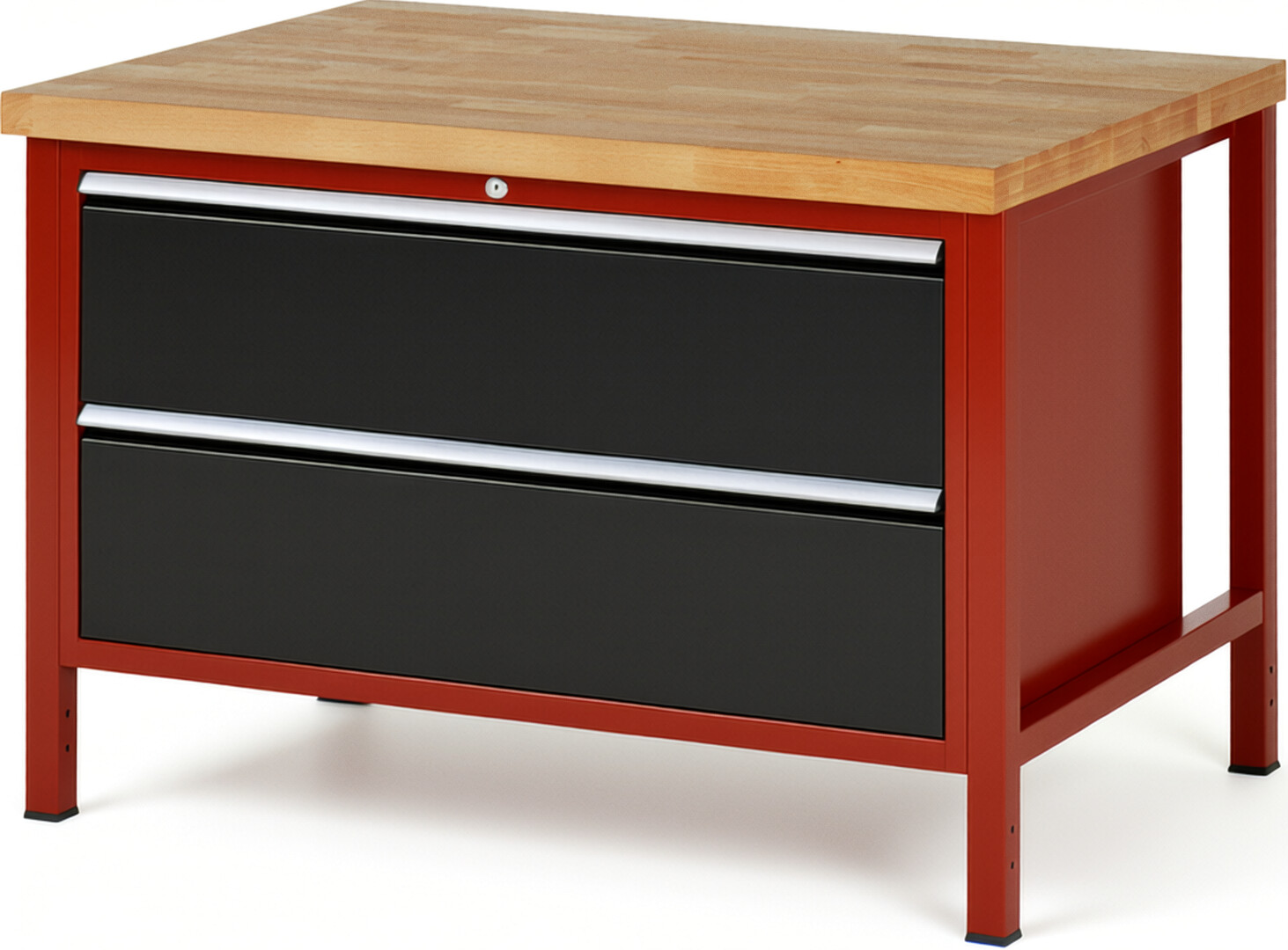 Werkbank Modell 8355 rot - schwarz, BxTxH 1250x900x840-1040 mm,  Buche-Massiv Arbeitsplatte 40 mm,  2 Schubladen mit  Vollauszug 100 % und  SoftClosing