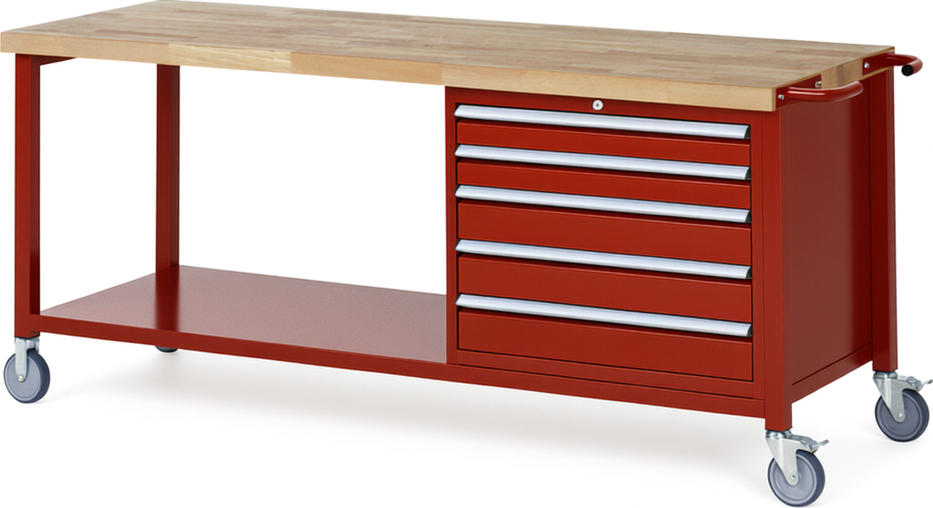 Fahrbare Werkbank Modell 8271 rot, BxTxH 2000x700x880-1080 mm,  Buche-Massiv Arbeitsplatte 40 mm,  5 Schubladen mit  Vollauszug 100 % und  SoftClosing