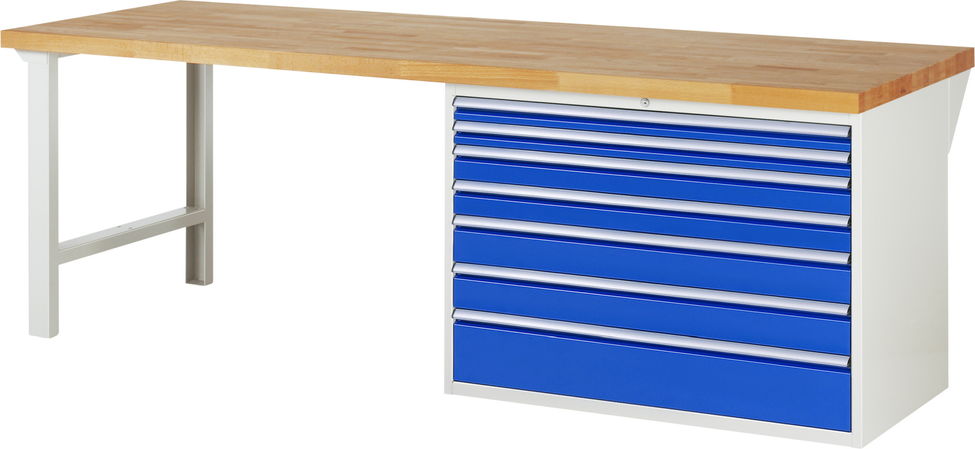 Werkbank Modell 7717 rot - schwarz, BxTxH 2500x900x840 mm,  Buche-Massiv Arbeitsplatte 40 mm,  7 Schubladen mit  Auszug 90 %