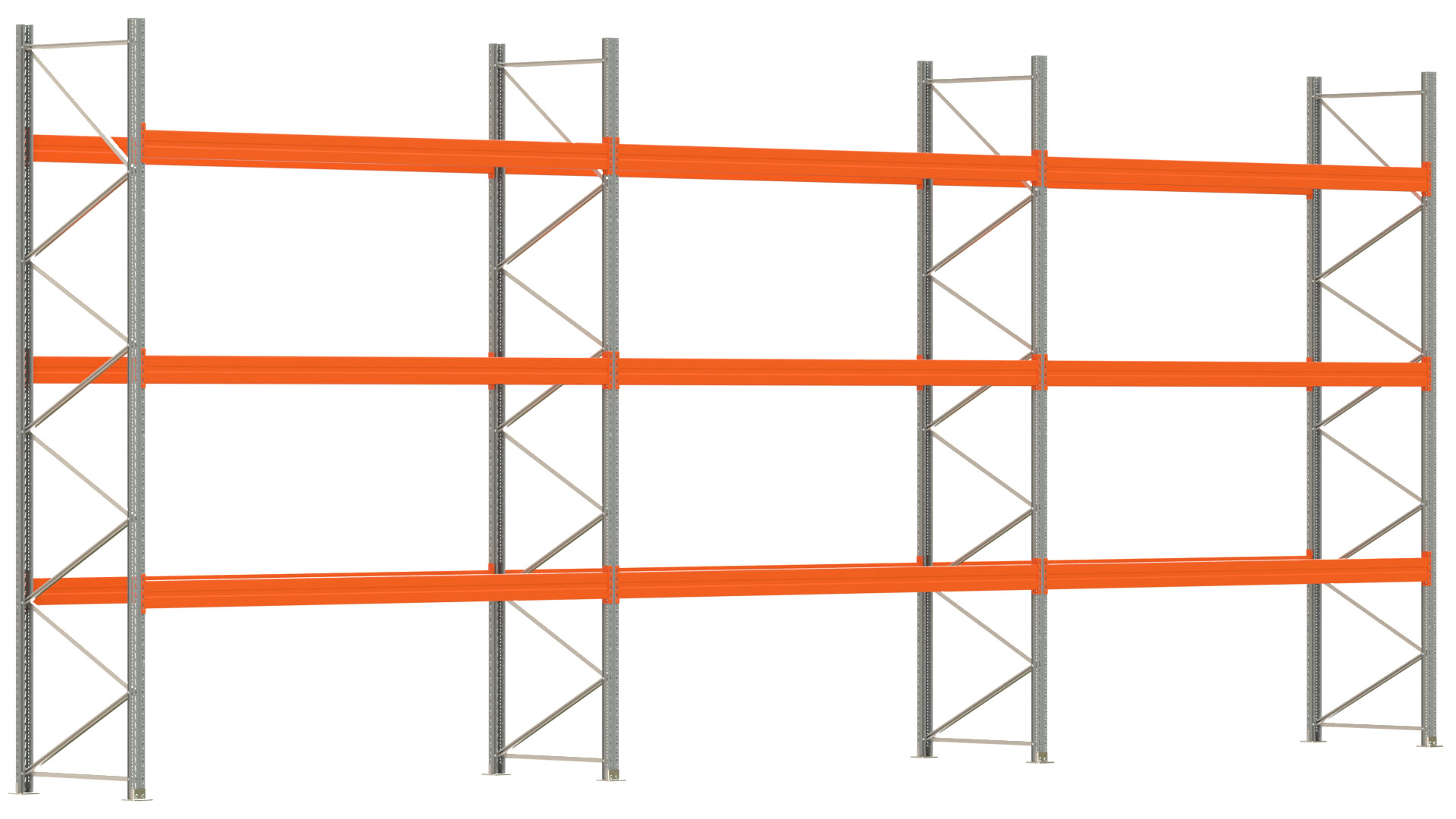 Palettenregal ARTUS - Breite 1114 cm - Höhe 450 cm - Tiefe 110 cm - 3 Träger-Ebenen - max. Fachlast 4000 kg - 48 Palettenstellplätze