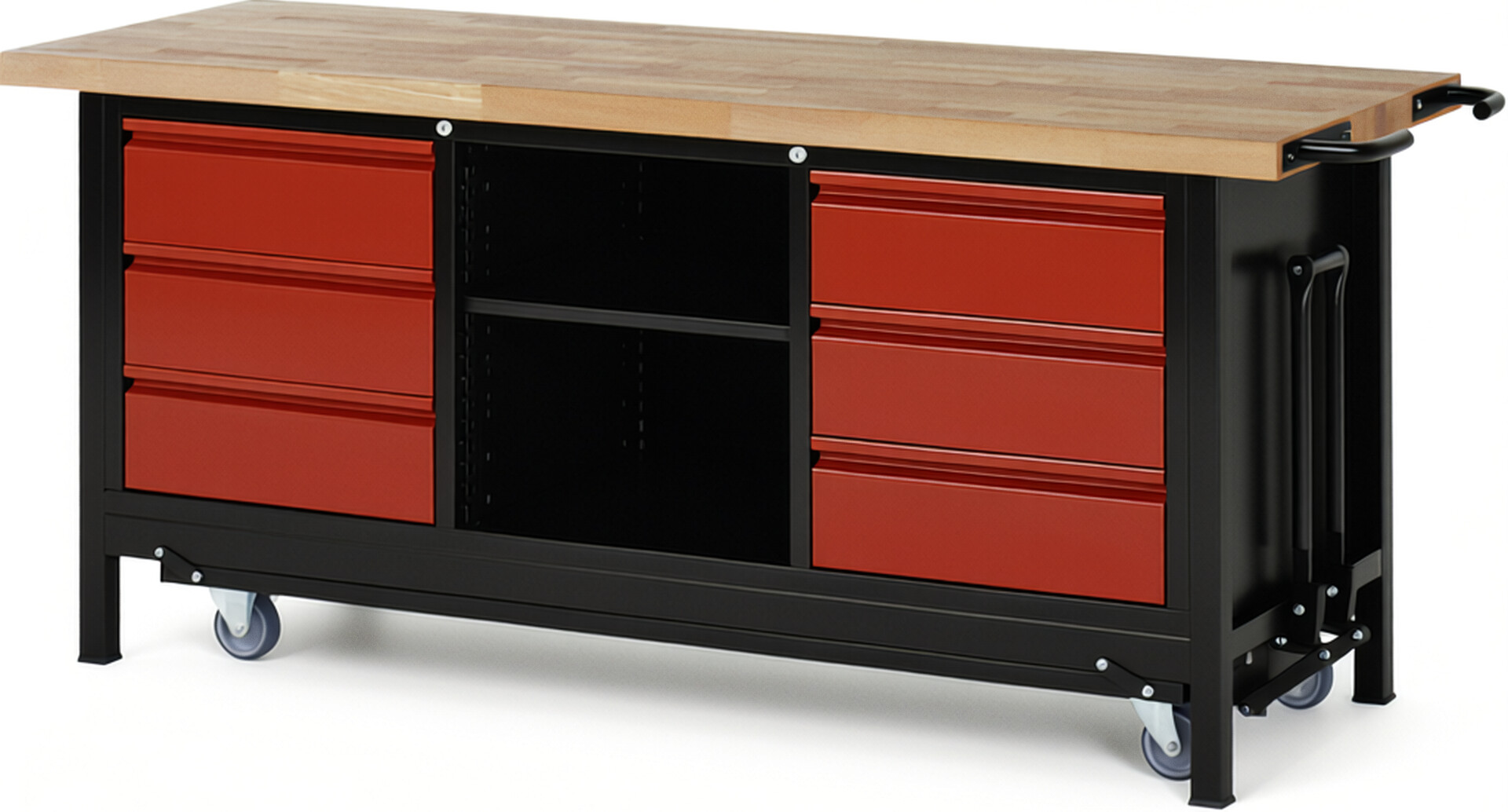 RAU Werkbank schwarz - rot - Breite 200 cm - Tiefe 70 cm - Höhe 88 cm - Buche-Massiv Arbeitsplatte 40 mm