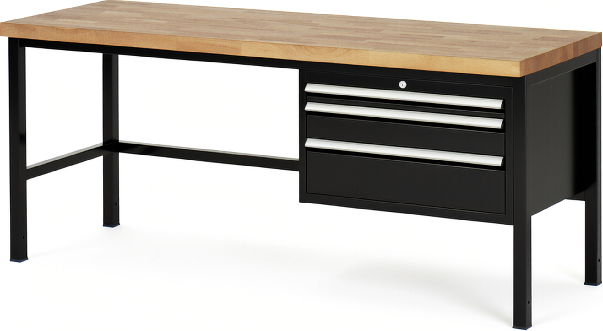 Werkbank Modell 8226 schwarz, BxTxH 2000x700x840 mm,  Buche-Massiv Arbeitsplatte 40 mm,  3 Schubladen mit  Vollauszug 100 % und  SoftClosing