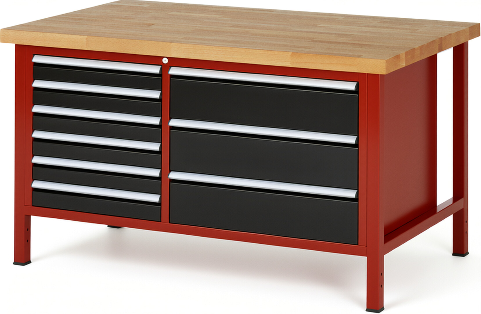 RAU Werkbank rot - schwarz - Breite 150 cm - Tiefe 90 cm - Höhe 104 cm - Buche-Massiv Arbeitsplatte 40 mm