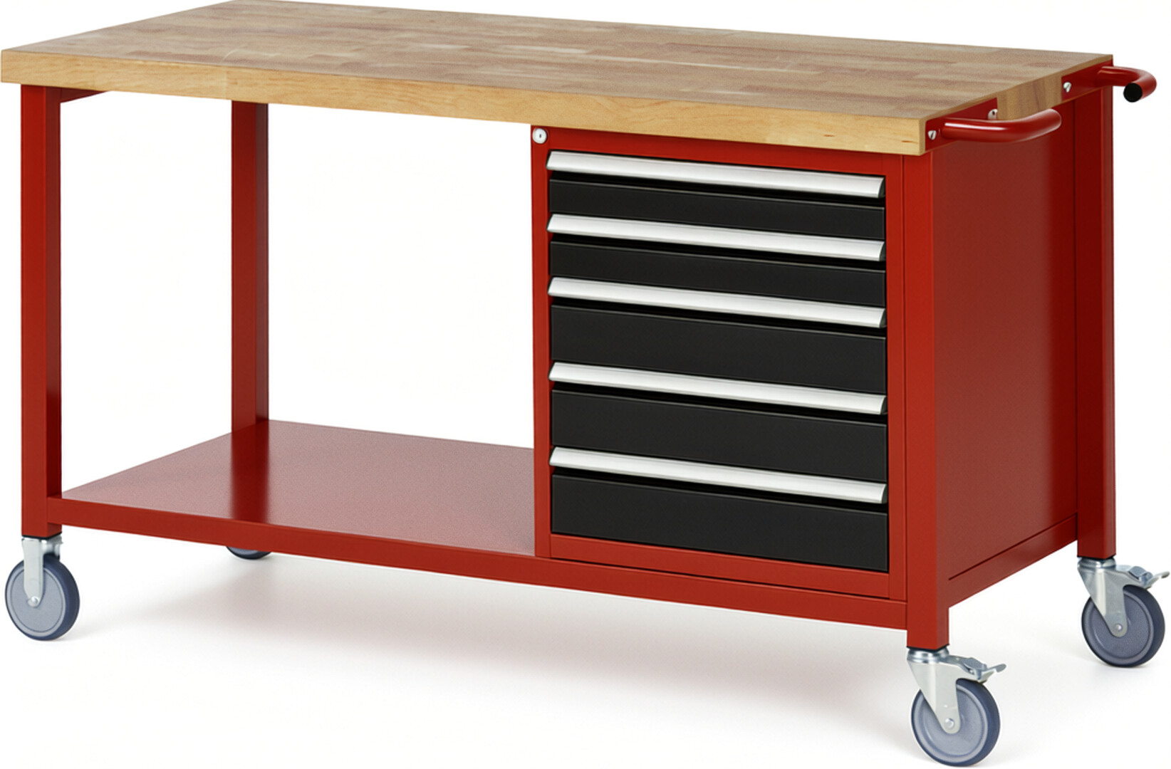 Fahrbare Werkbank Modell 8171 rot - schwarz, BxTxH 1500x700x880 mm,  Buche-Massiv Arbeitsplatte 40 mm,  5 Schubladen mit  Vollauszug 100 % und  SoftClosing