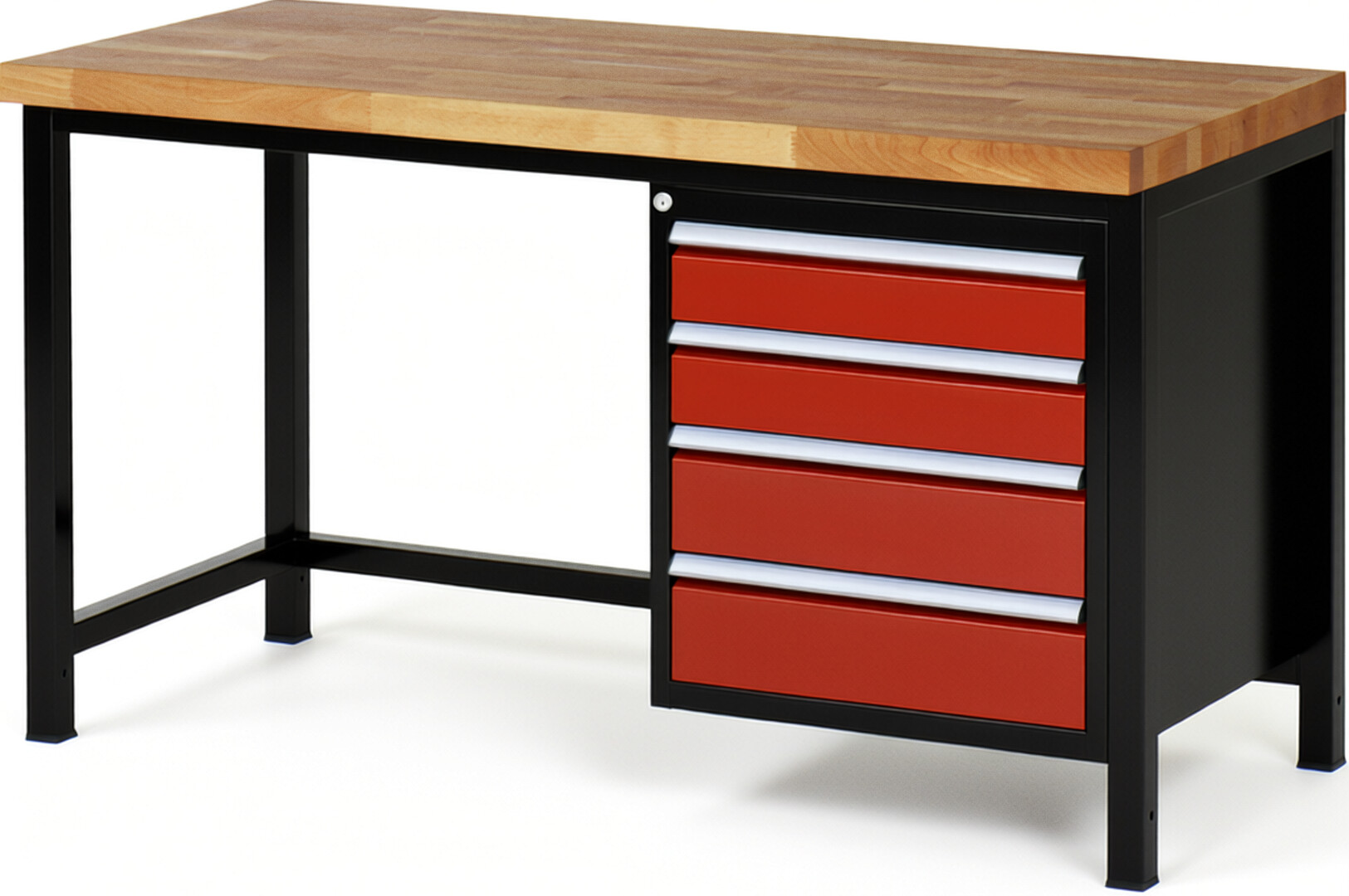 RAU Werkbank schwarz - rot - Breite 150 cm - Tiefe 70 cm - Höhe 104 cm - Buche-Massiv Arbeitsplatte 40 mm