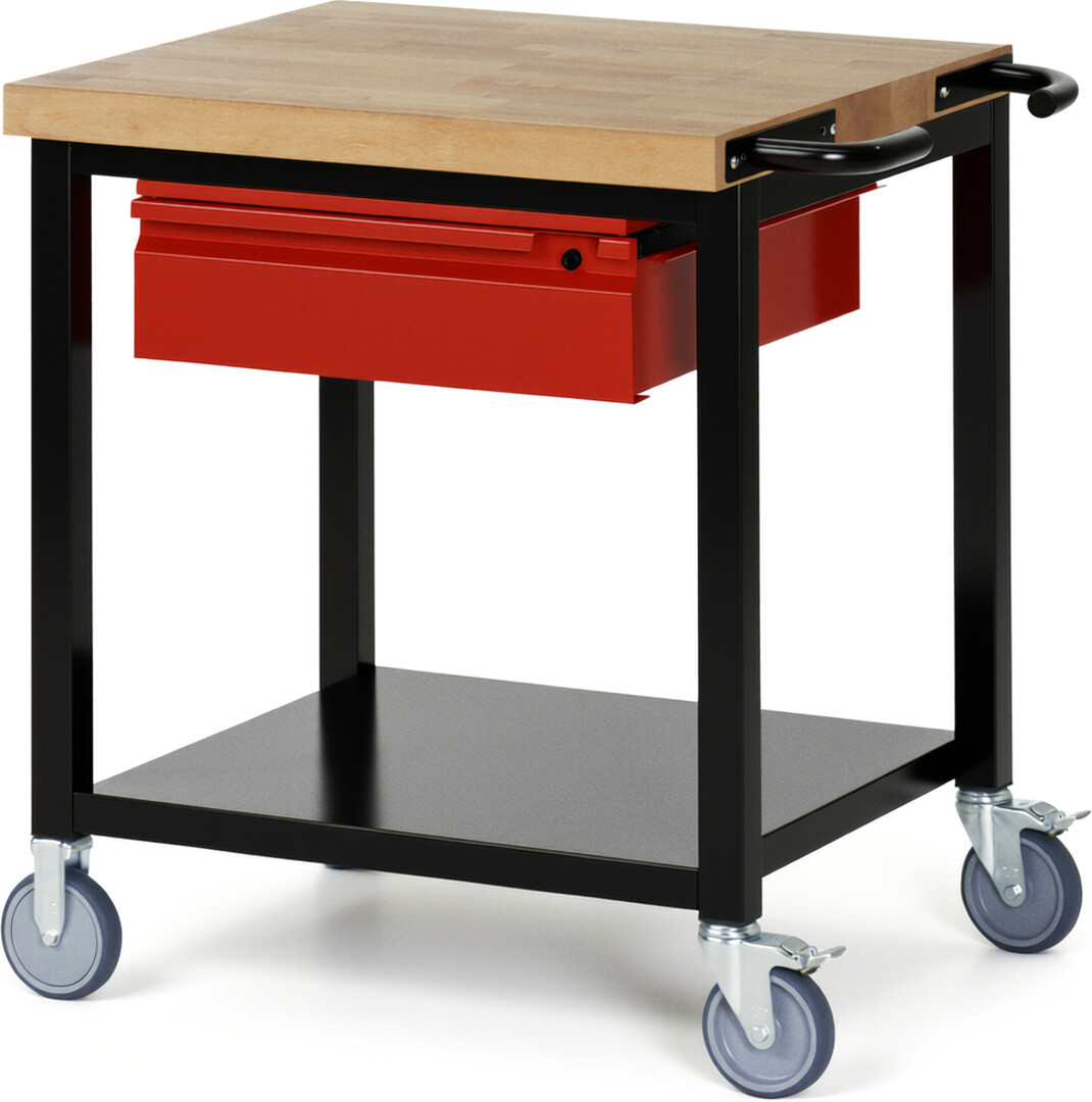 RAU Werkbank schwarz - rot - Breite 75 cm - Tiefe 70 cm - Höhe 88 cm - Buche-Massiv Arbeitsplatte 40 mm