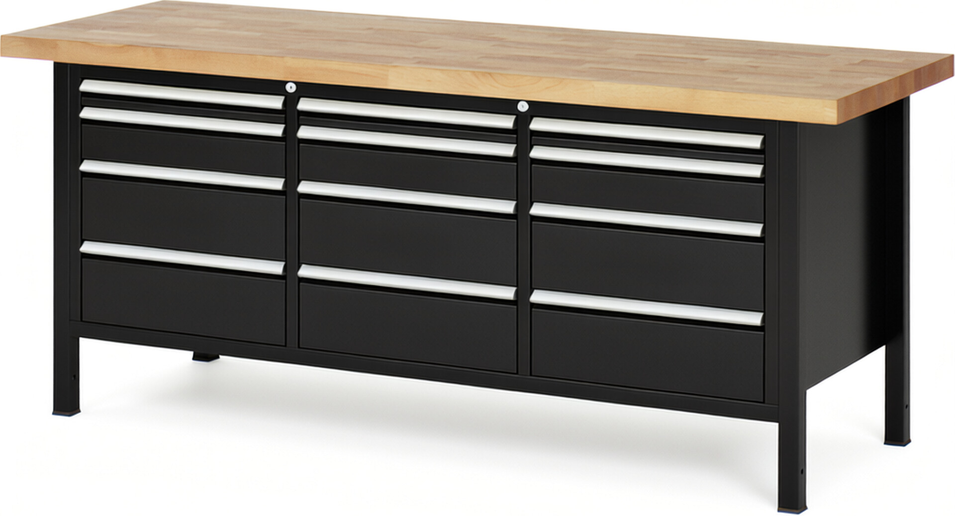 Werkbank Modell 8580 schwarz, BxTxH 2000x700x840 mm,  Buche-Massiv Arbeitsplatte 40 mm,  12 Schubladen mit  Vollauszug 100 % und  SoftClosing