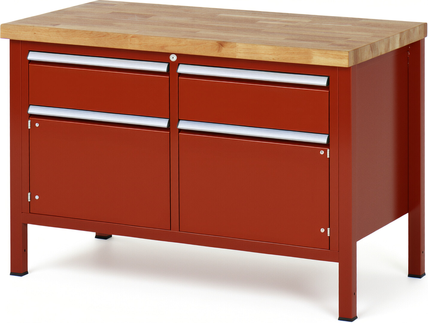 Werkbank Modell 8466 rot, BxTxH 1250x700x840 mm,  Buche-Massiv Arbeitsplatte 40 mm,  2 Schubladen mit  Vollauszug 100 % und  SoftClosing