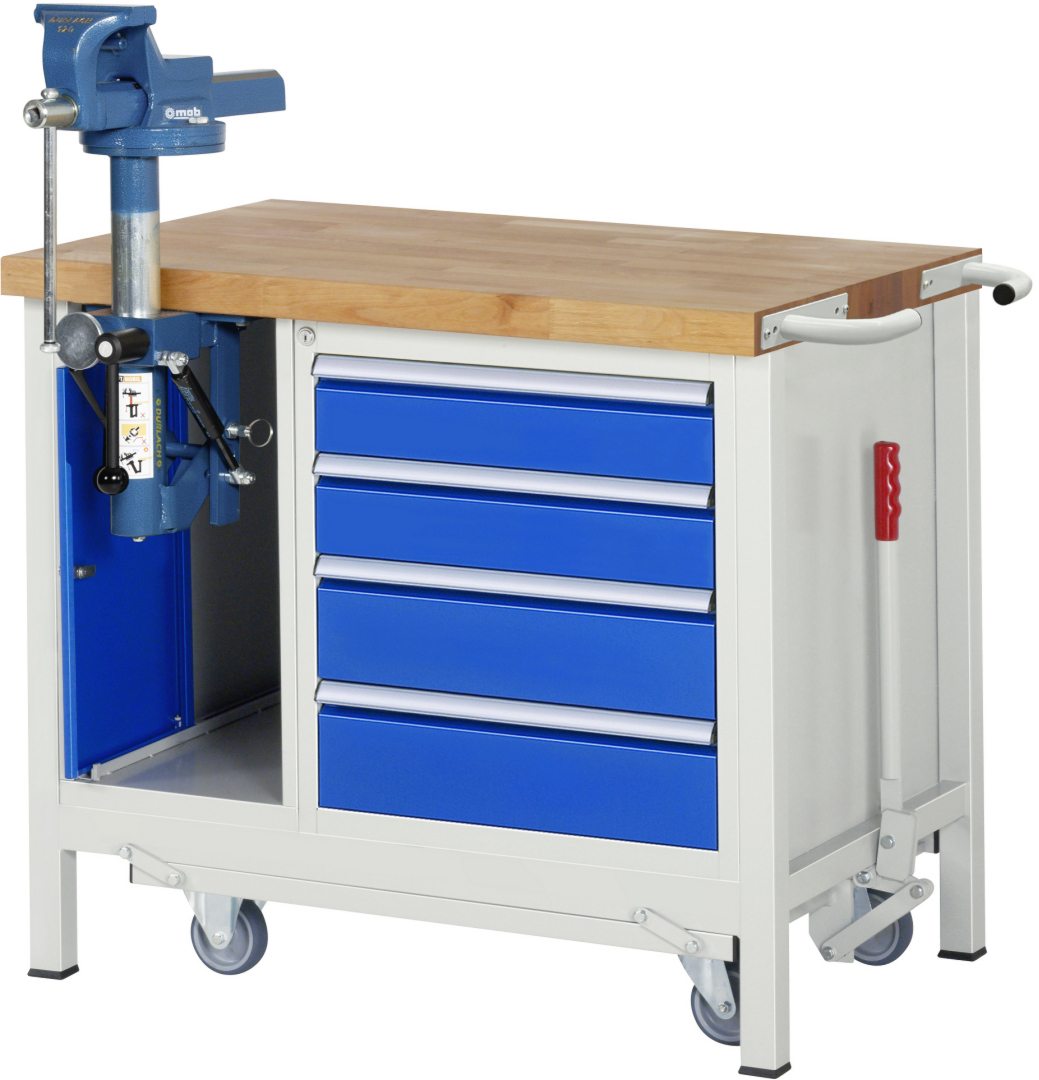 Absenkbare Werkbank Modell 8181 rot - schwarz, BxTxH 1250x700x880 mm,  Buche-Massiv Arbeitsplatte 40 mm,  1 Schublade mit  Vollauszug 100 % und  SoftClosing